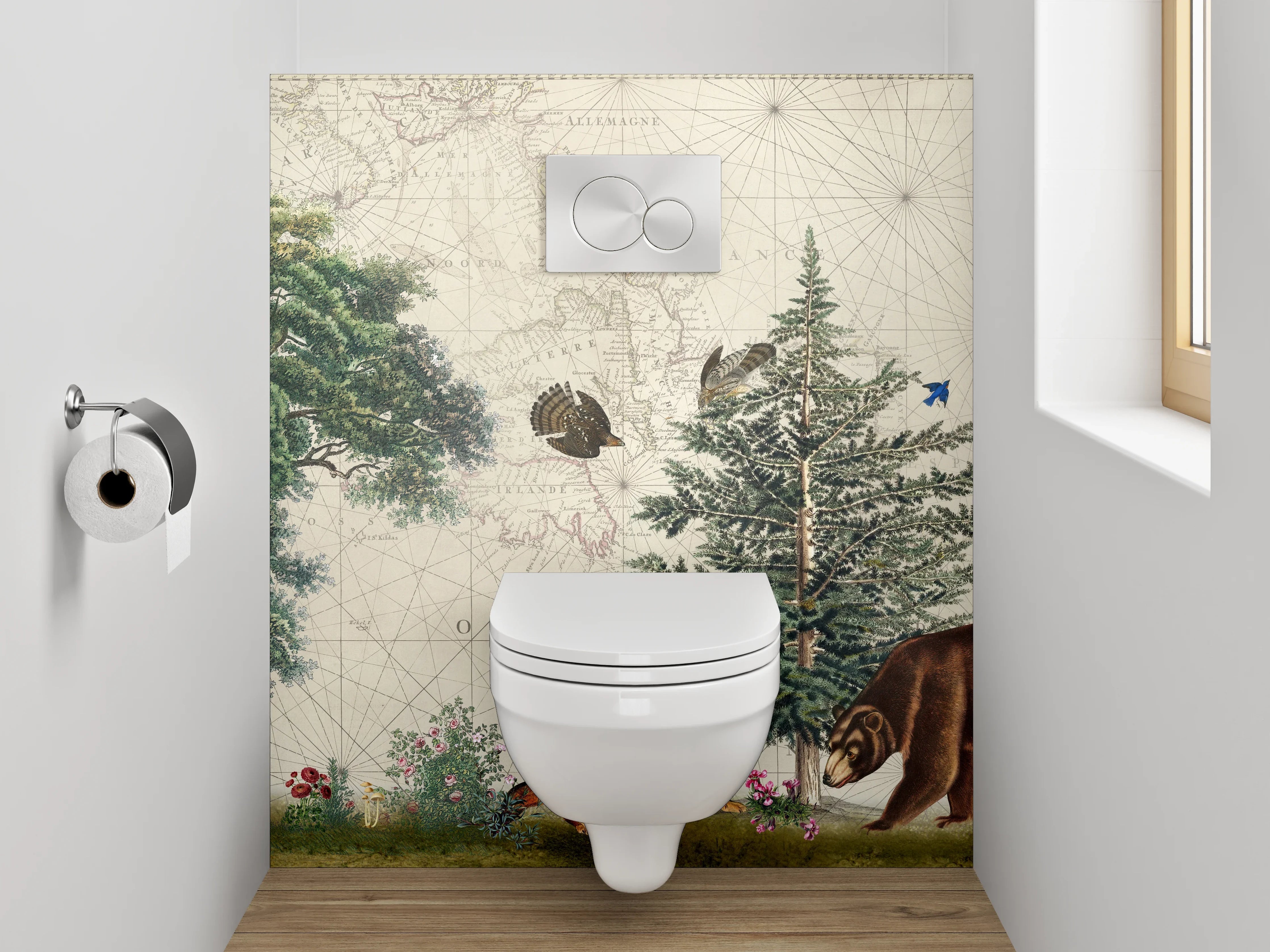 WC-Rückwand - Waldtiere auf antiker Weltkarte