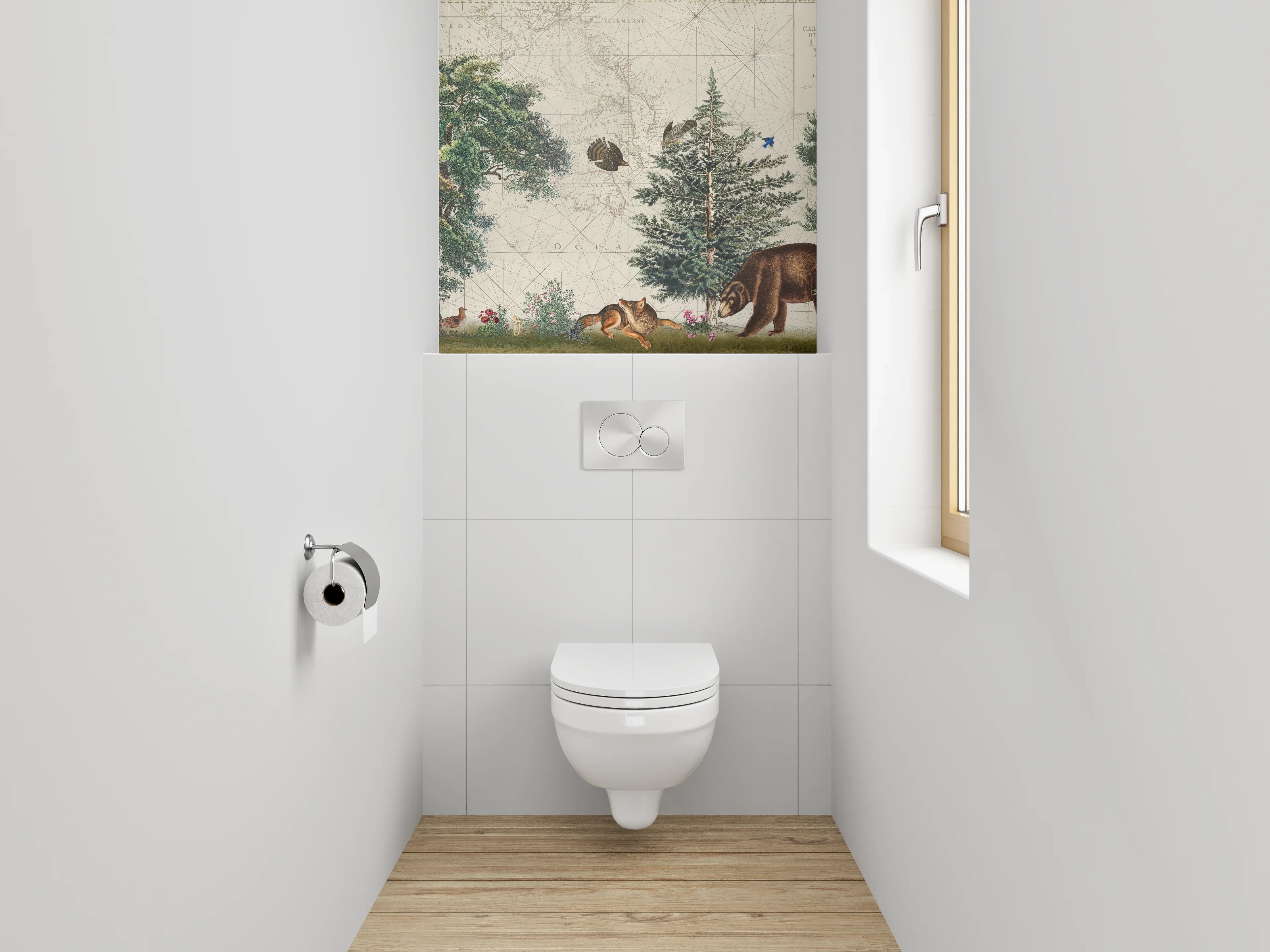 WC-Rückwand - Waldtiere auf antiker Weltkarte