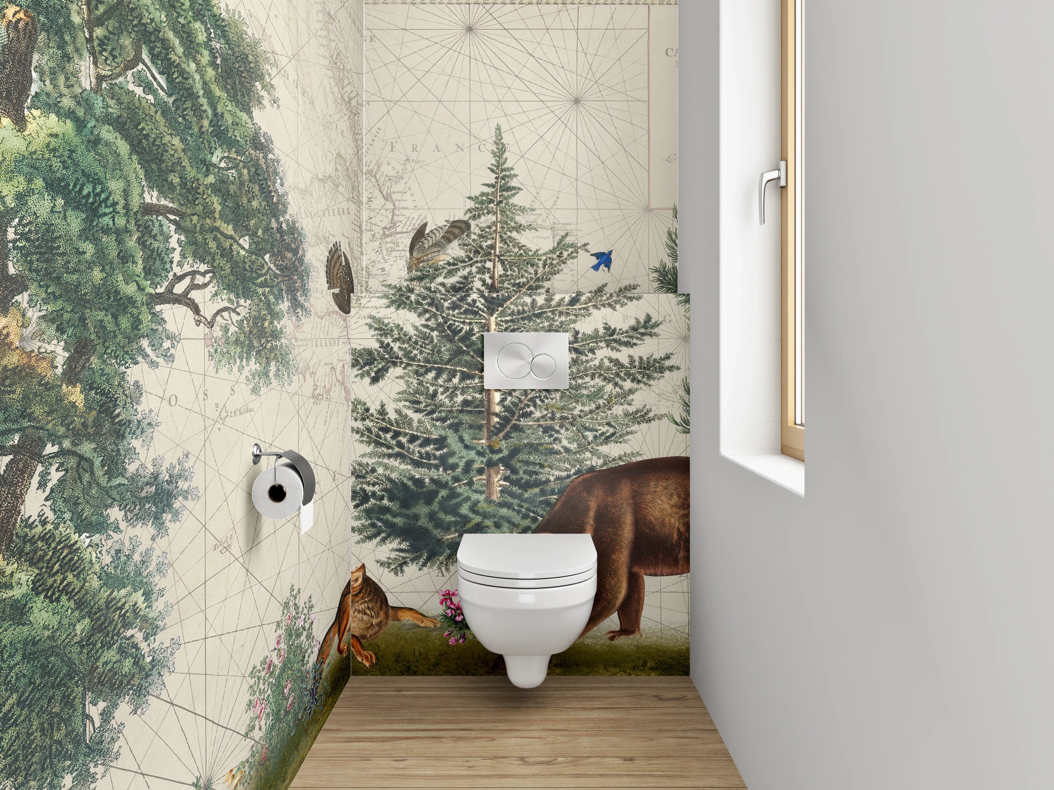 WC-Rückwand - Waldtiere auf antiker Weltkarte