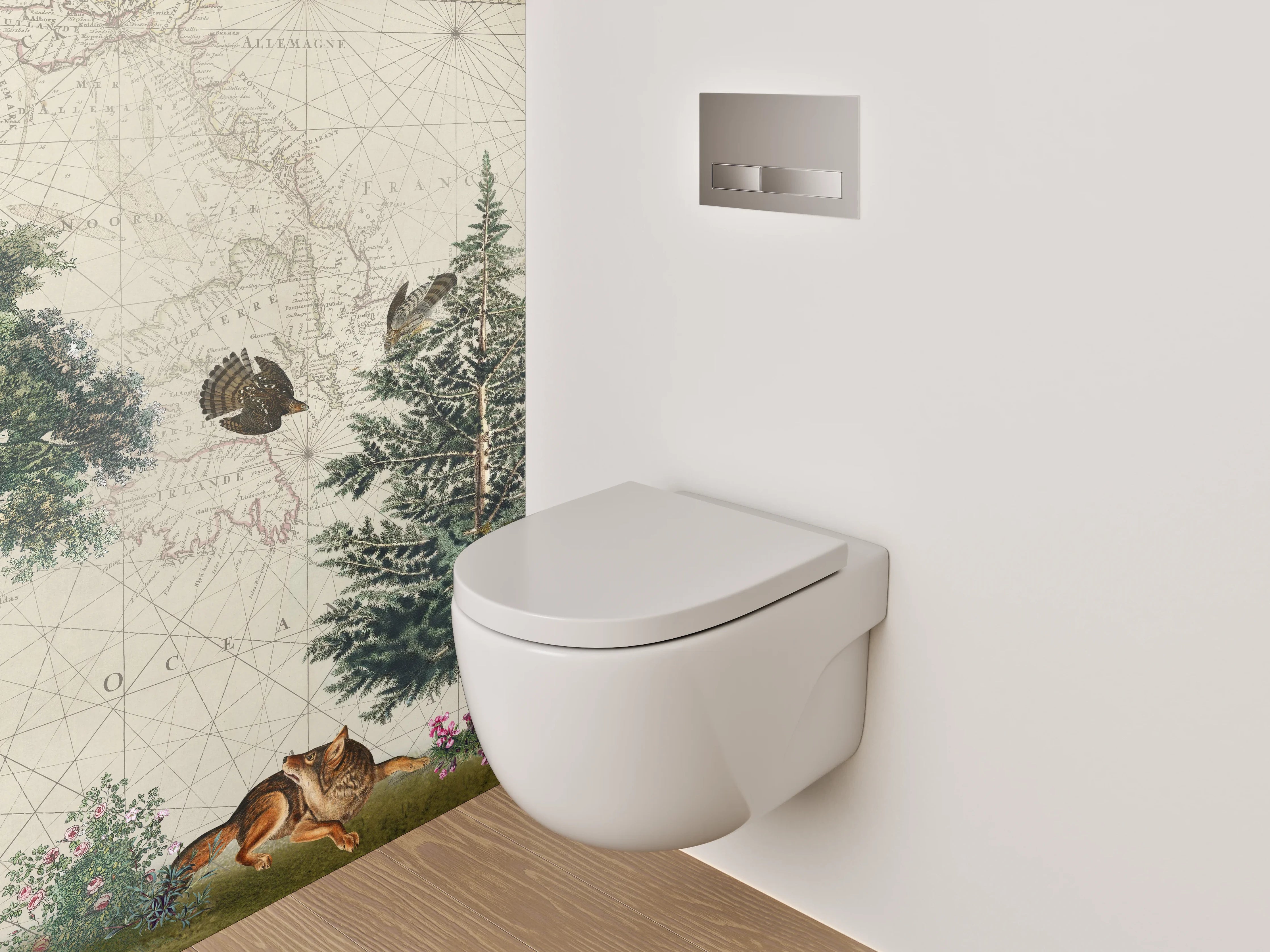 WC-Rückwand - Waldtiere auf antiker Weltkarte