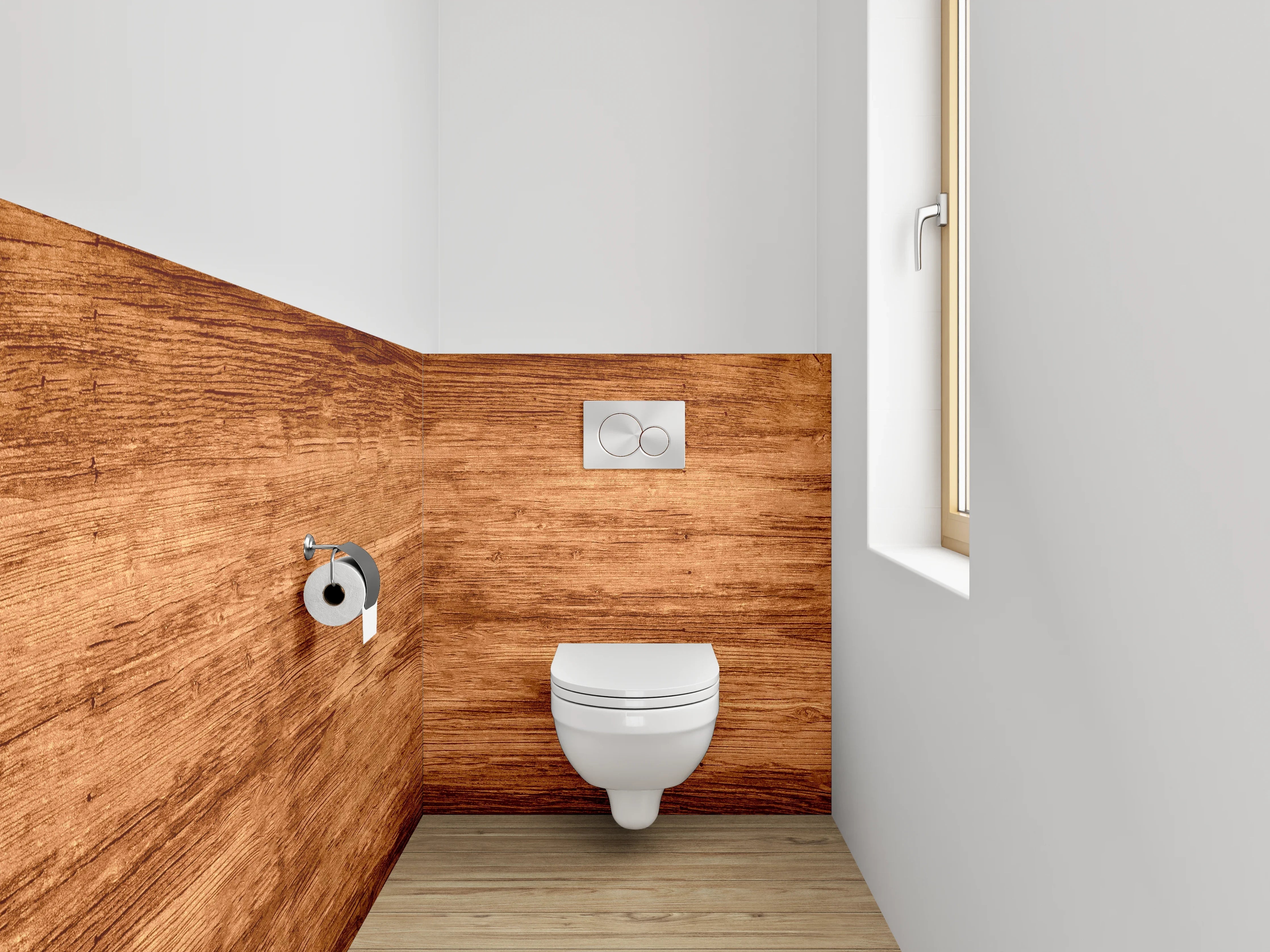 WC-Rückwand - Warme Holzmaserung im Naturstil