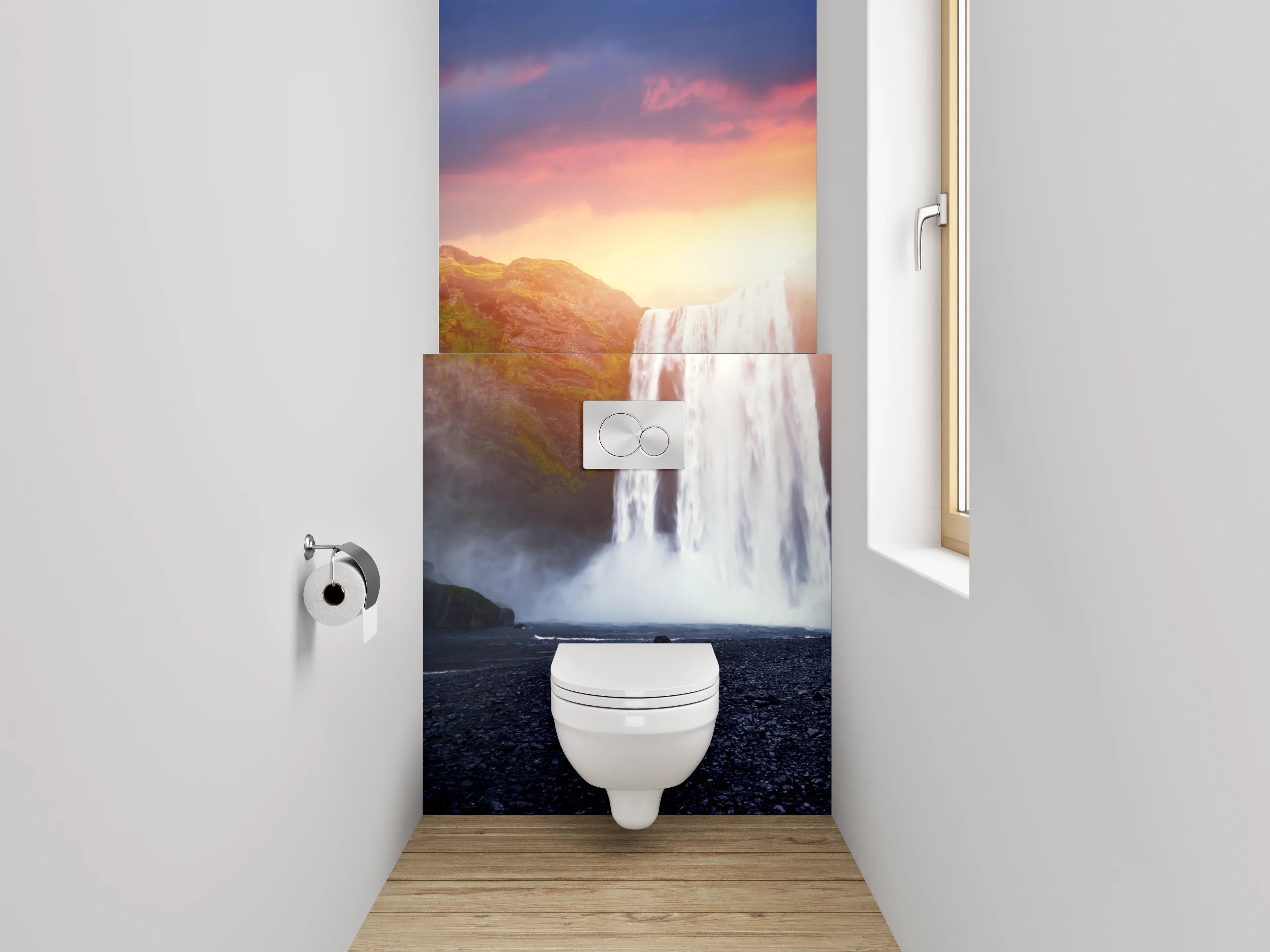 WC-Rückwand - Wasserfall bei Sonnenuntergang Landschaft
