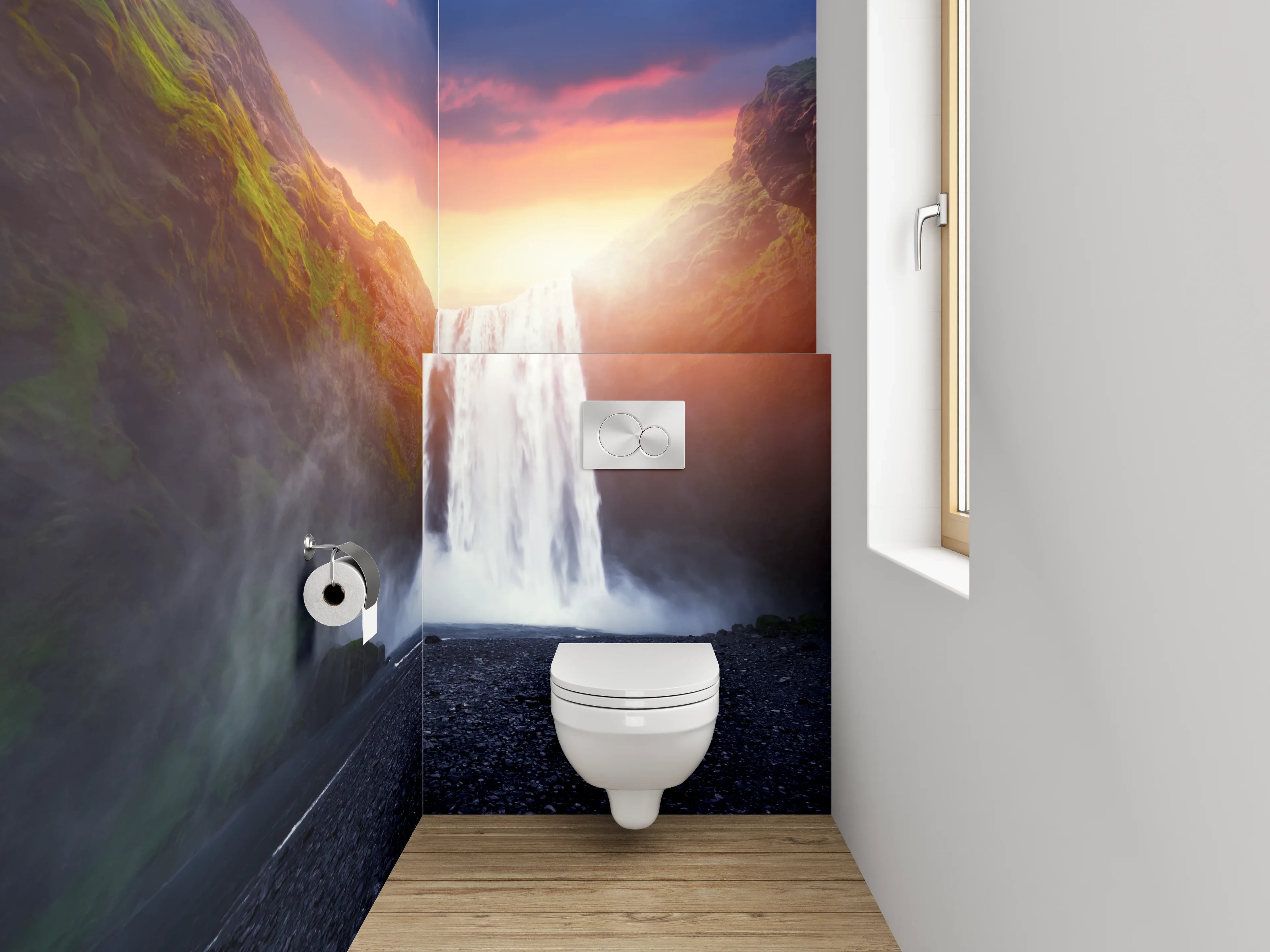 WC-Rückwand - Wasserfall bei Sonnenuntergang Landschaft