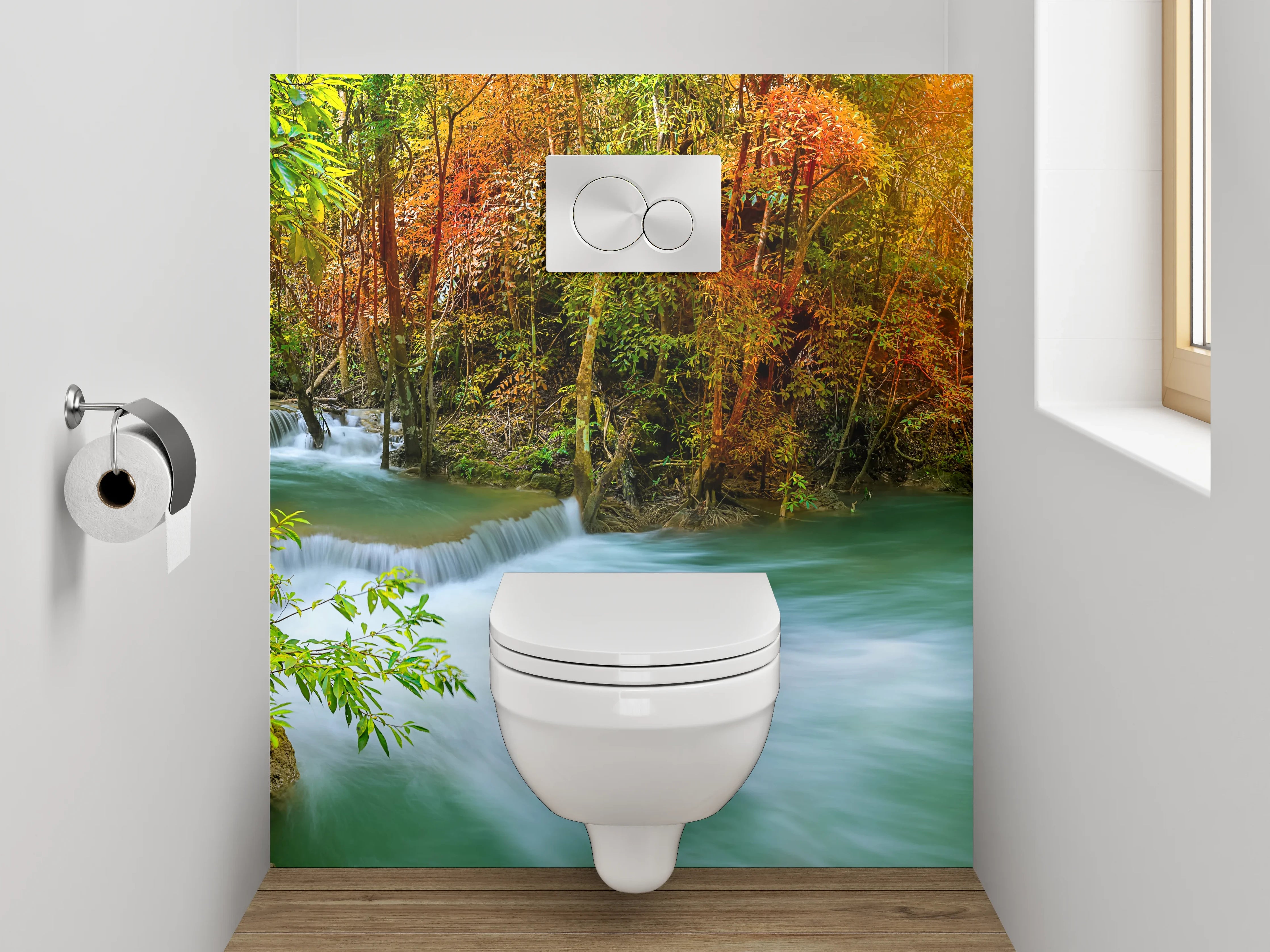 WC-Rückwand - Wasserfall im bunten Herbstwald Panorama