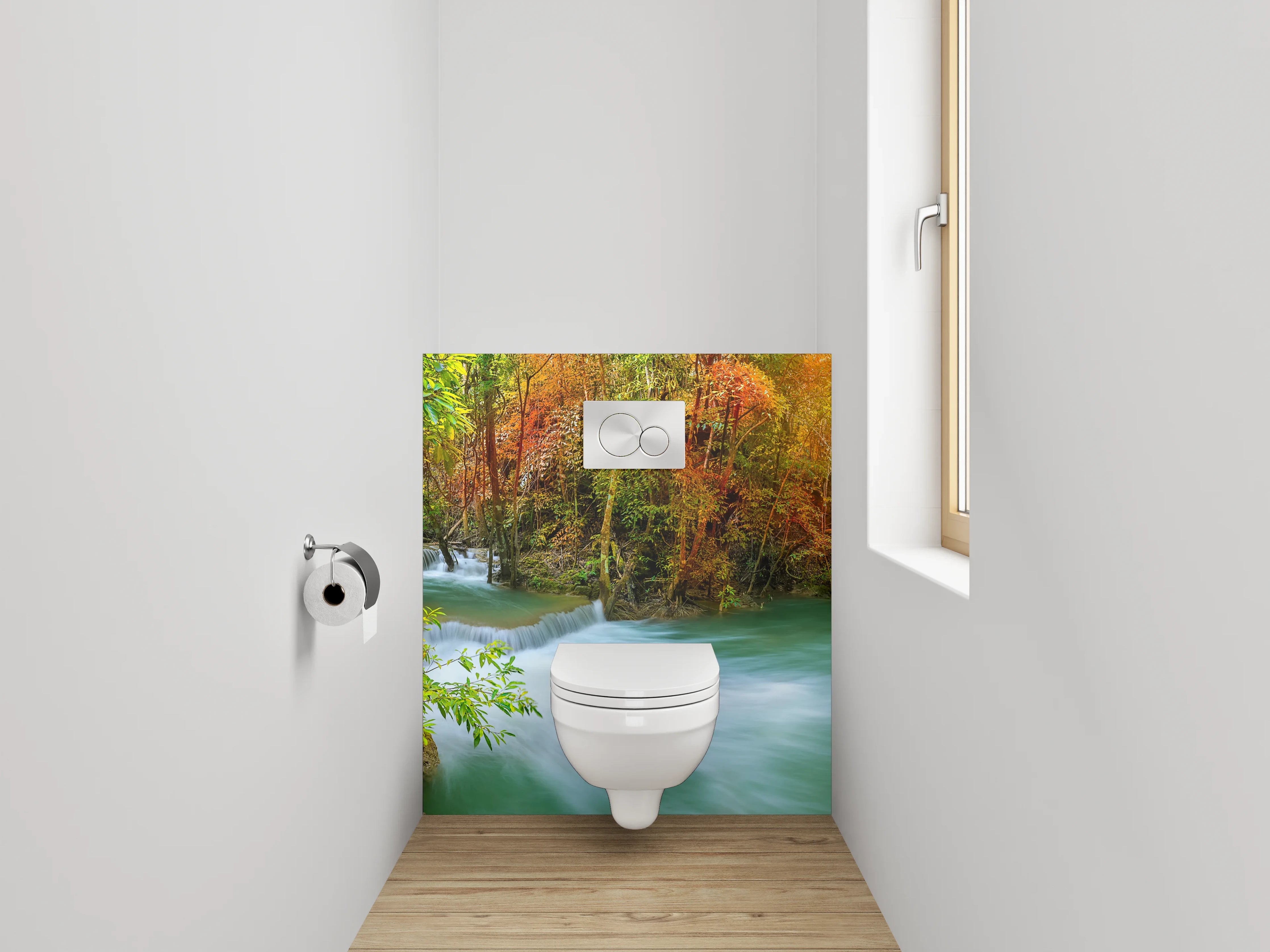 WC-Rückwand - Wasserfall im bunten Herbstwald Panorama