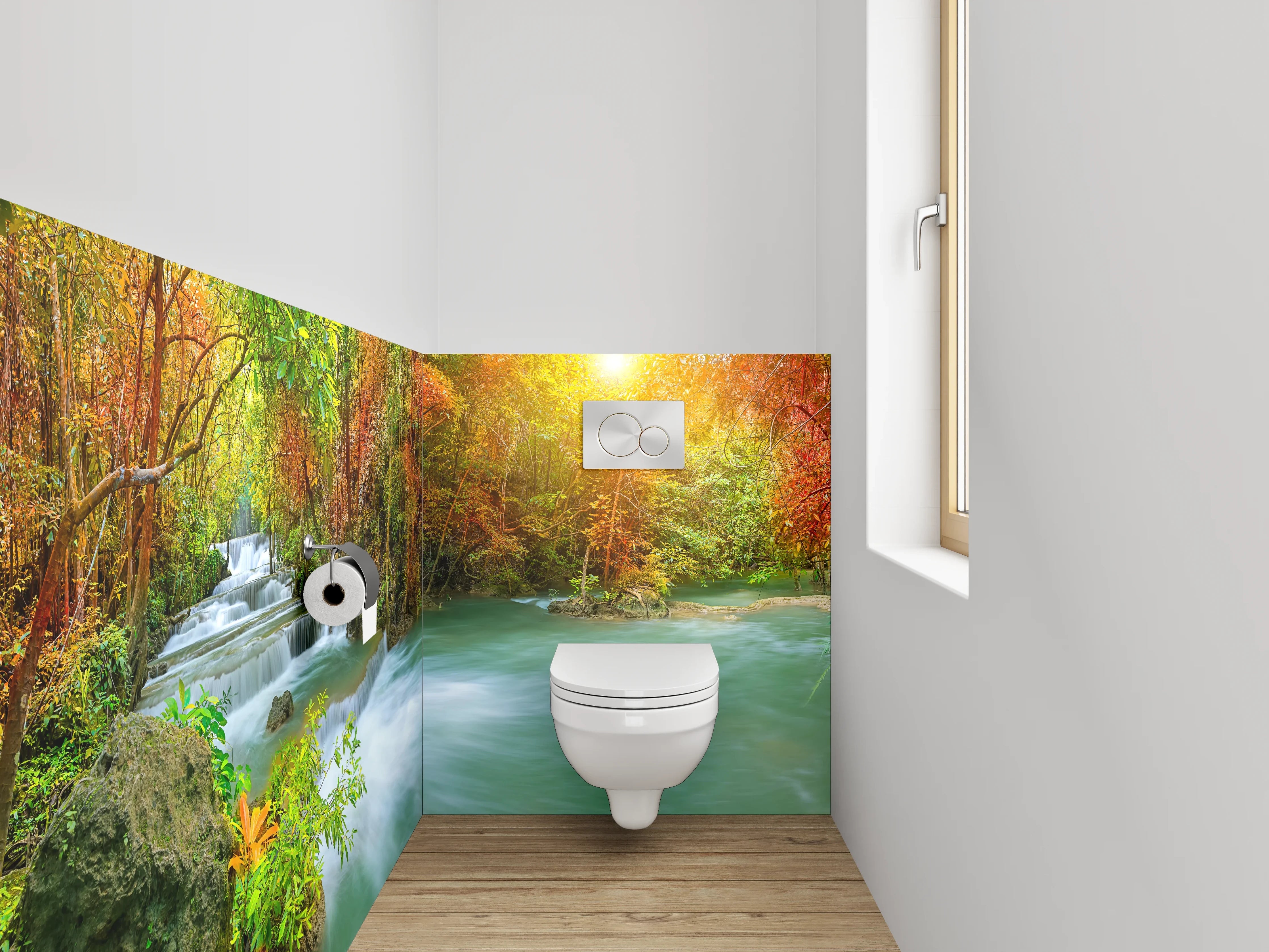 WC-Rückwand - Wasserfall im bunten Herbstwald Panorama