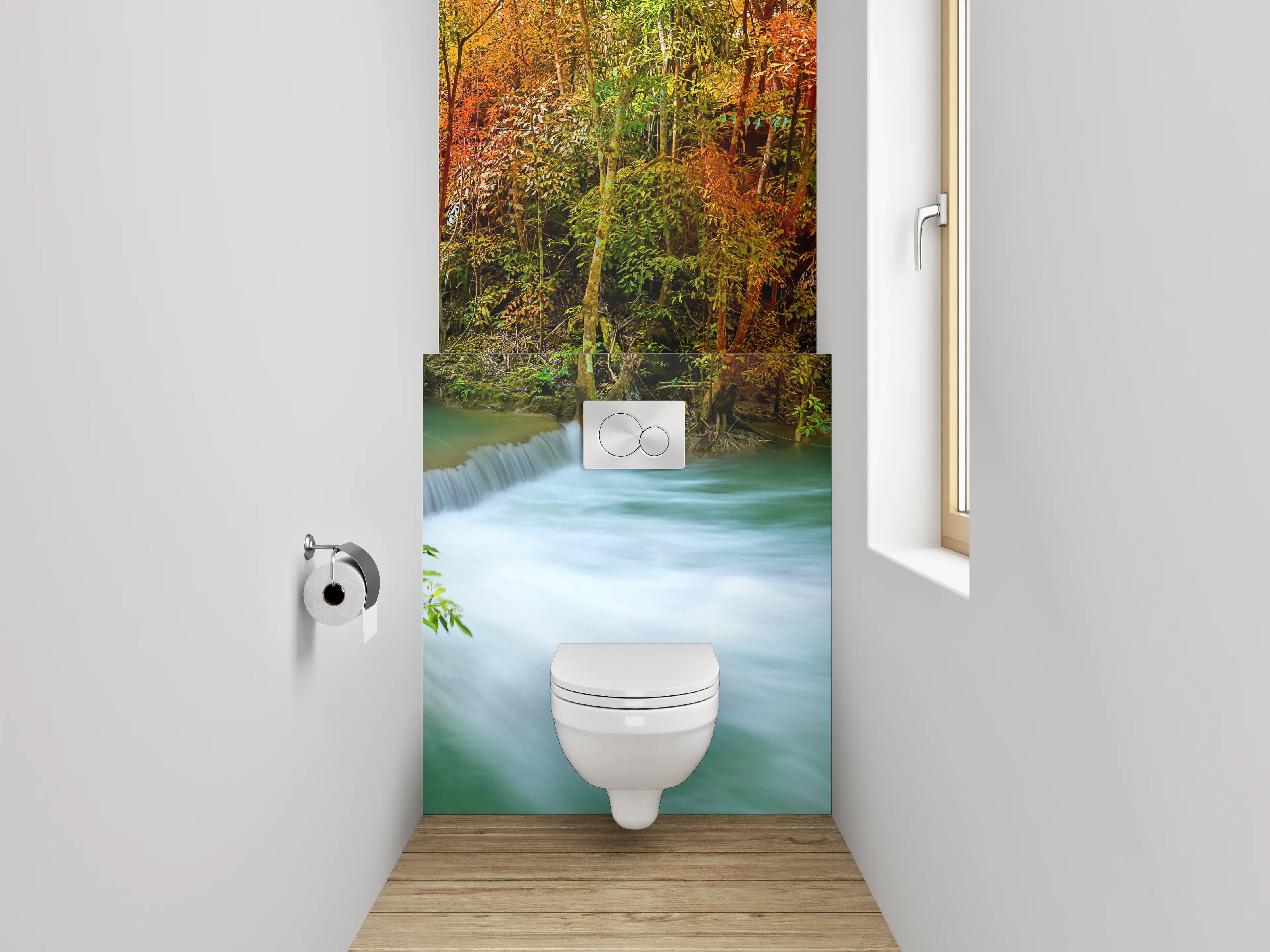 WC-Rückwand - Wasserfall im bunten Herbstwald Panorama