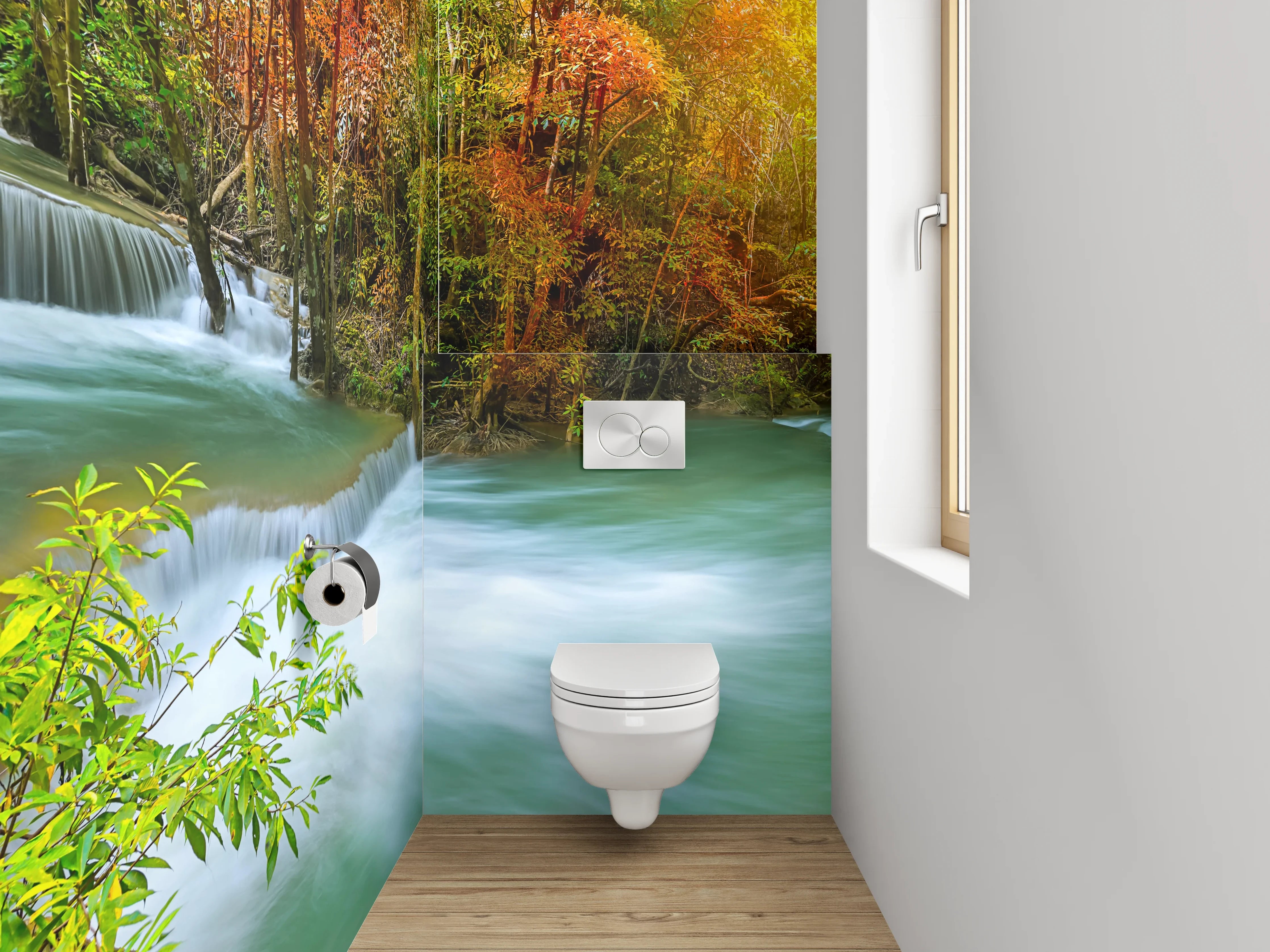 WC-Rückwand - Wasserfall im bunten Herbstwald Panorama