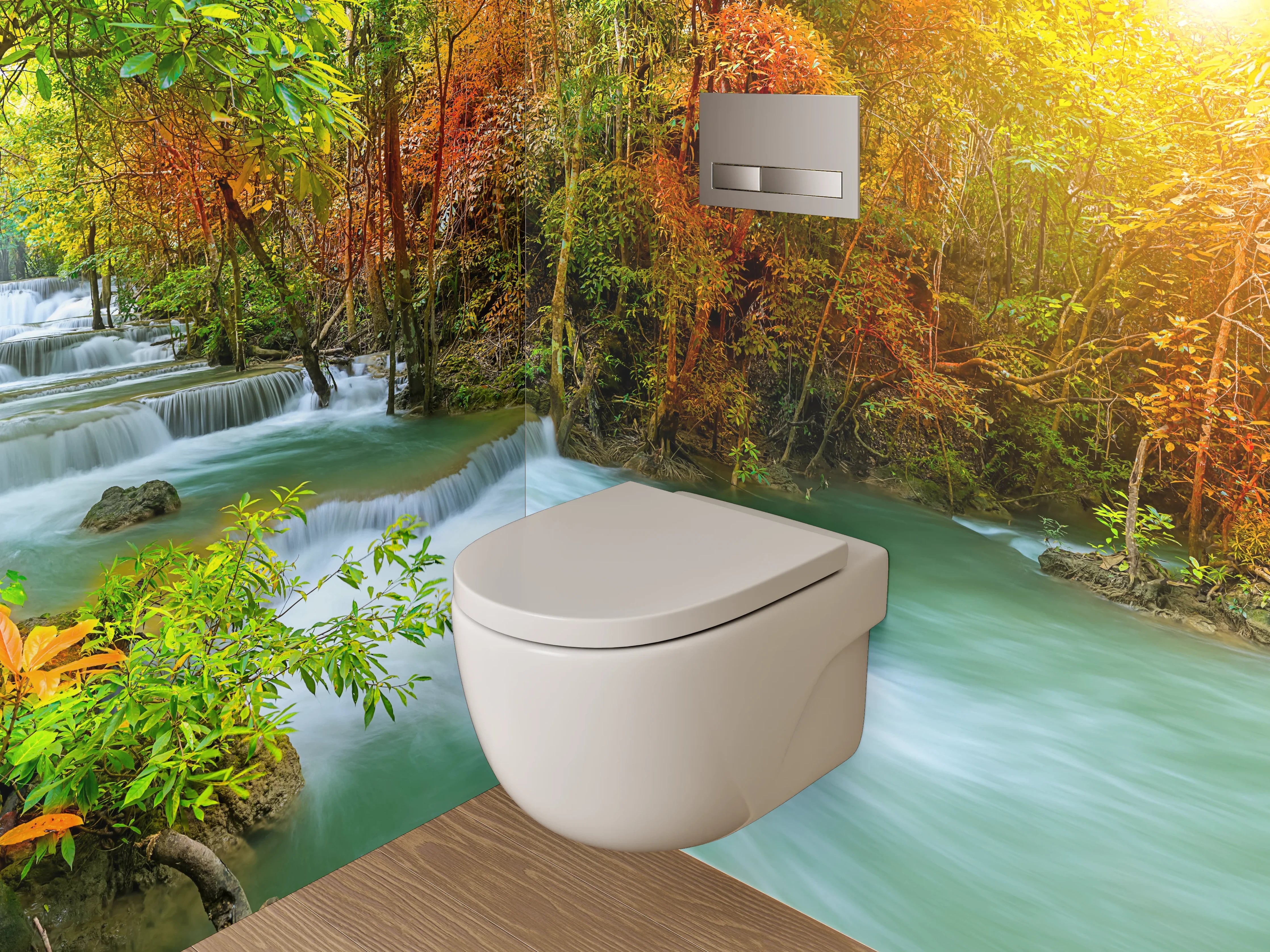 WC-Rückwand - Wasserfall im bunten Herbstwald Panorama