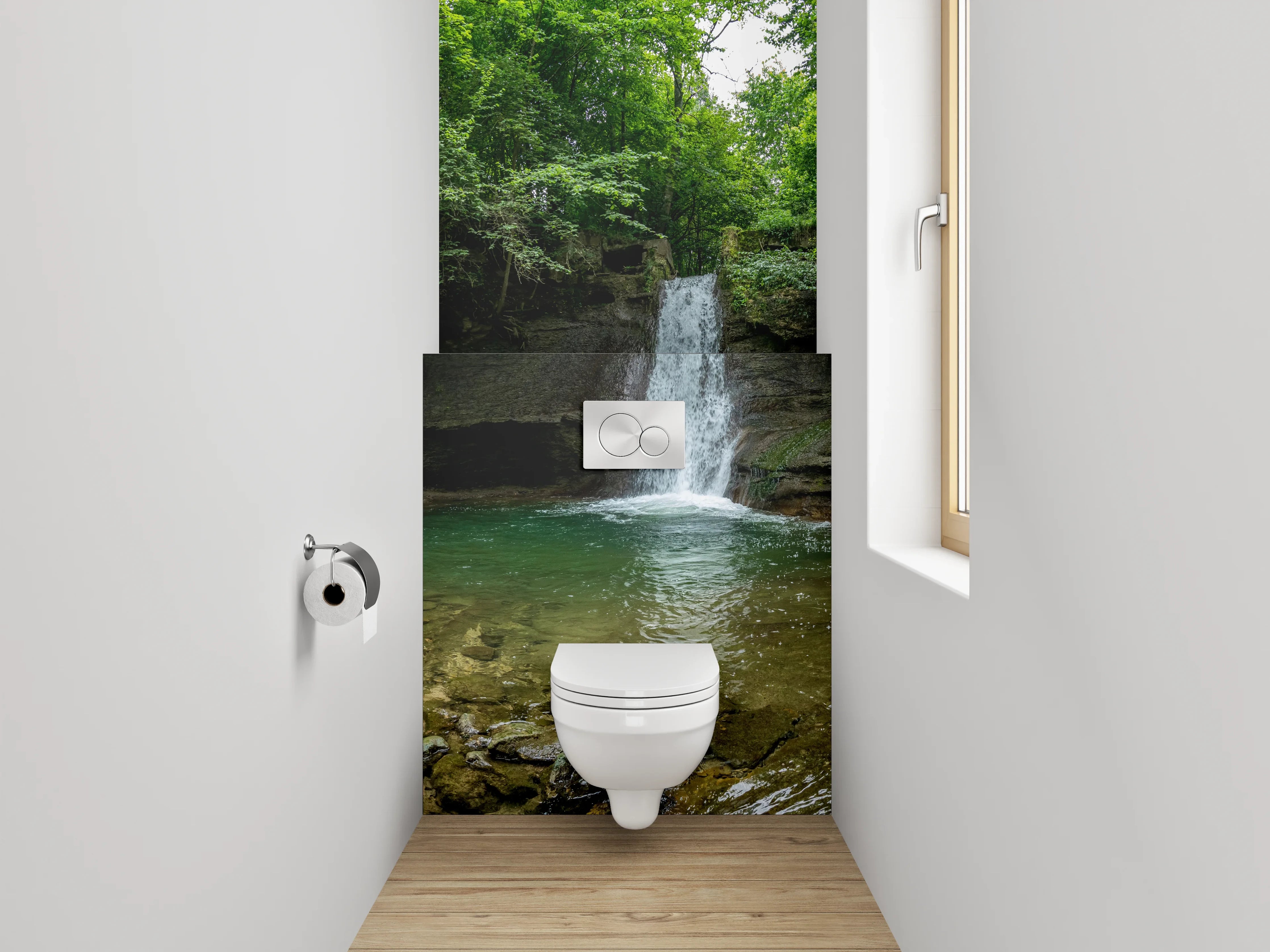 WC-Rückwand - Wasserfall im grünen Wald – Naturidylle