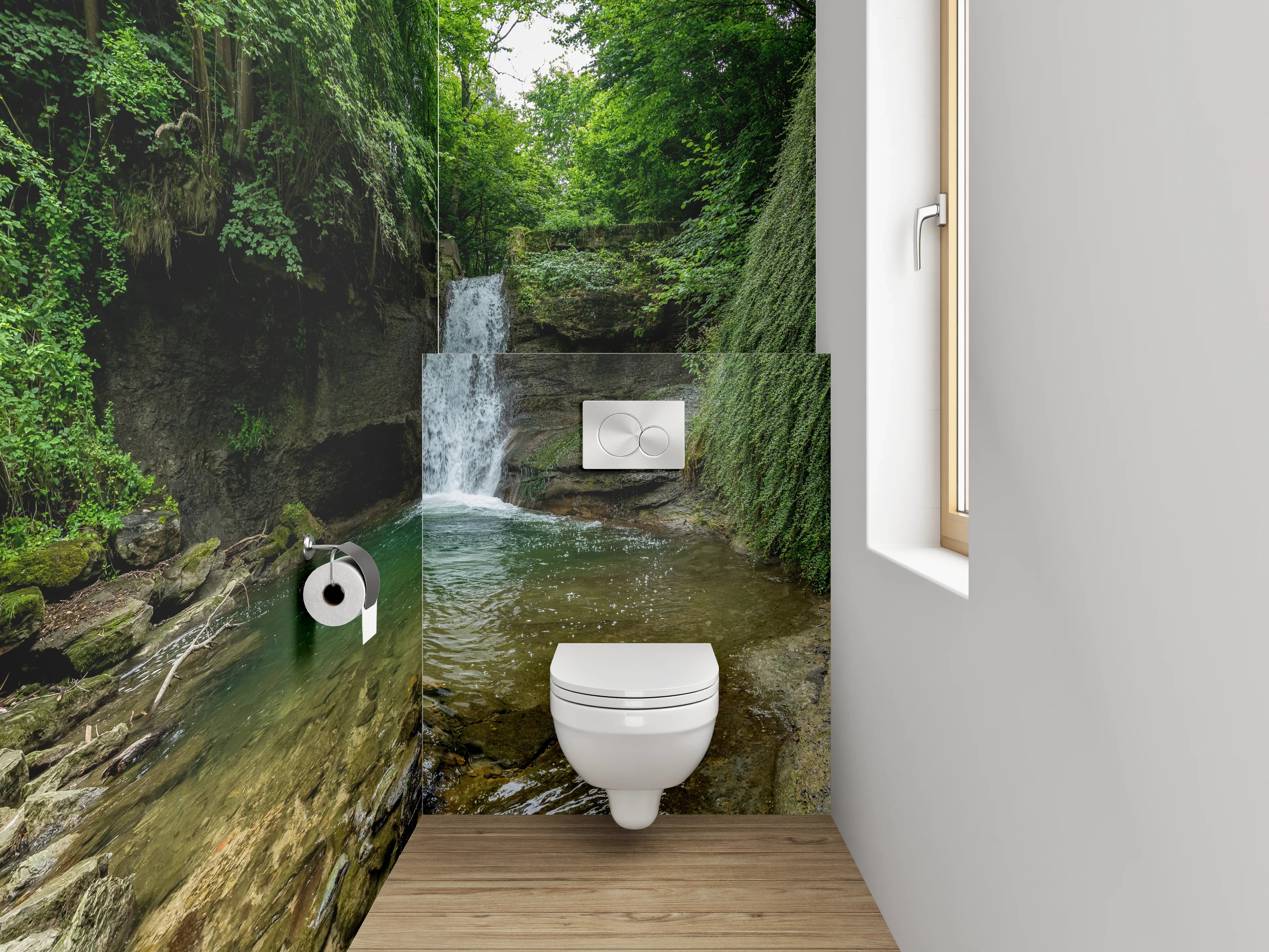 WC-Rückwand - Wasserfall im grünen Wald – Naturidylle