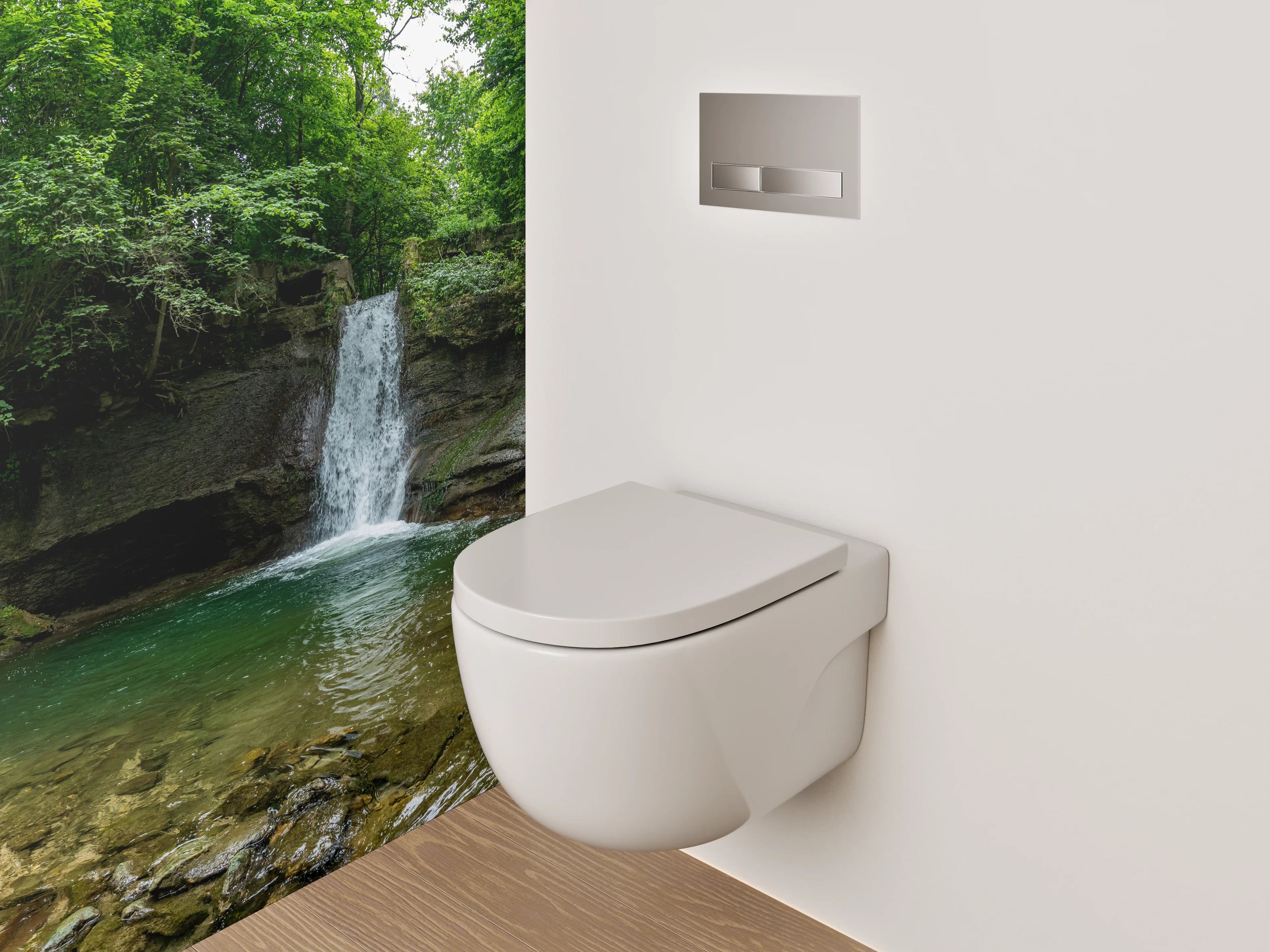 WC-Rückwand - Wasserfall im grünen Wald – Naturidylle