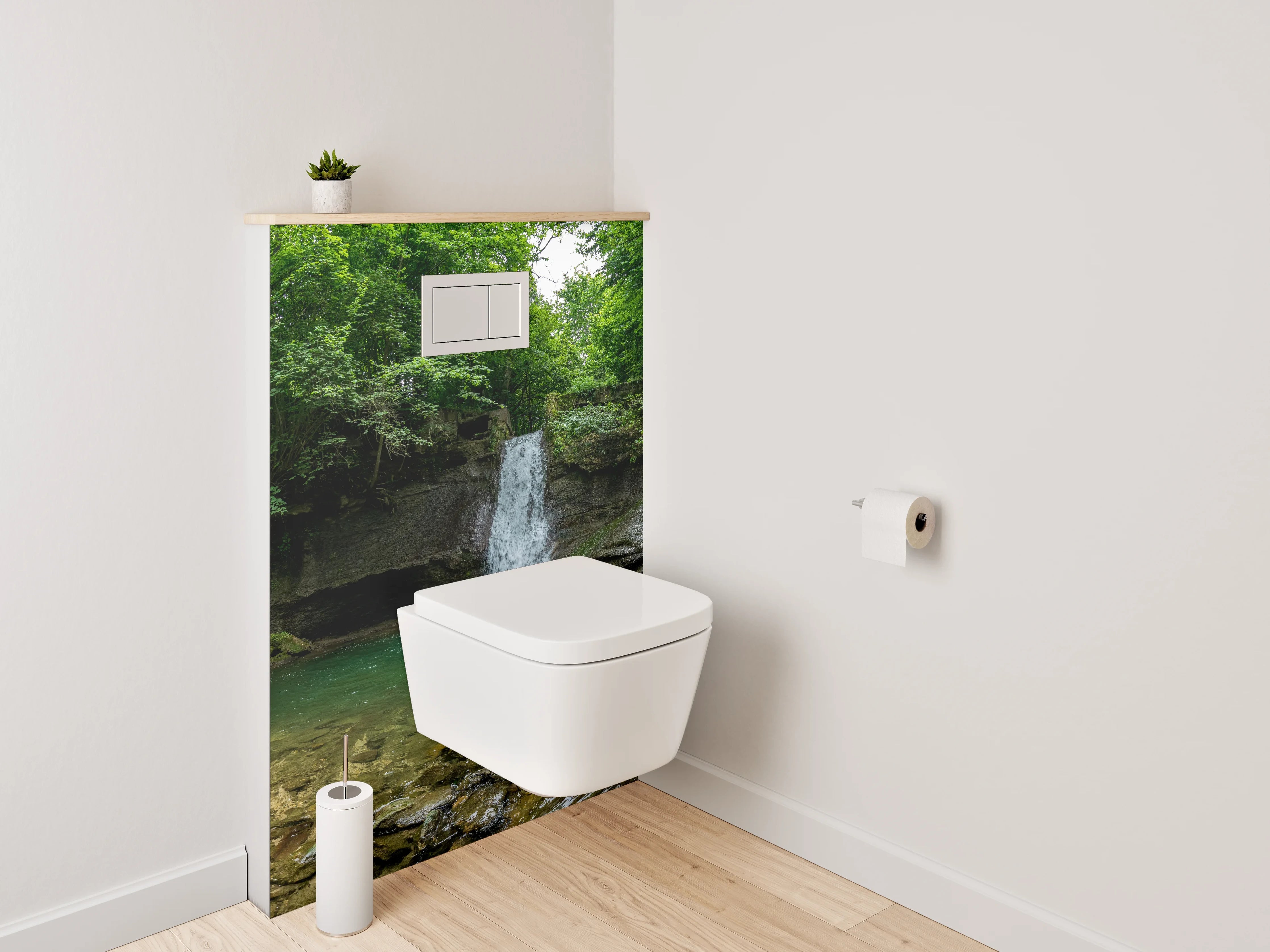 WC-Rückwand - Wasserfall im grünen Wald – Naturidylle