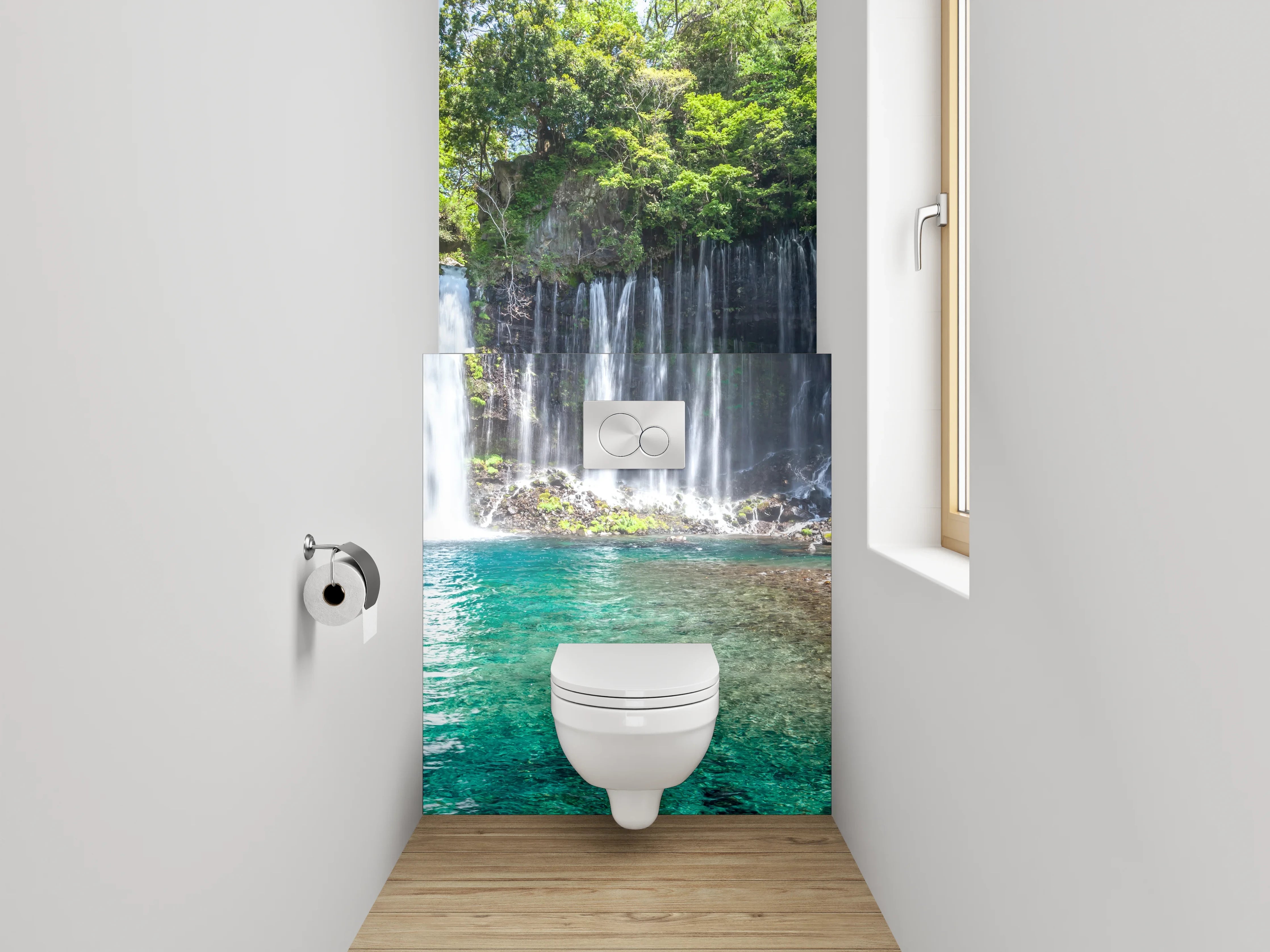 WC-Rückwand - Wasserfall und Wald am türkisblauen See