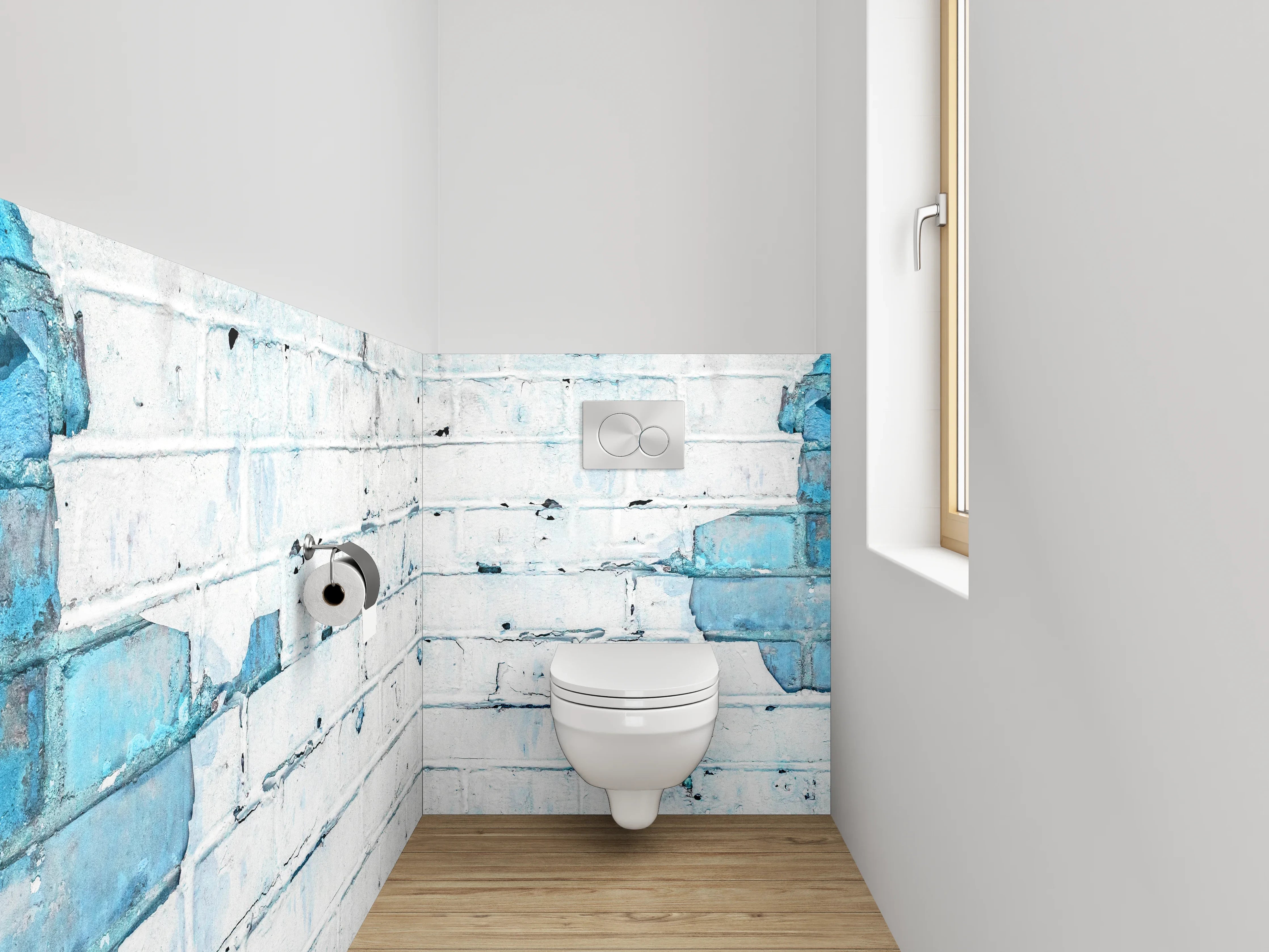 WC-Rückwand - Weiß-blaue Backstein-Optik Wanddekor