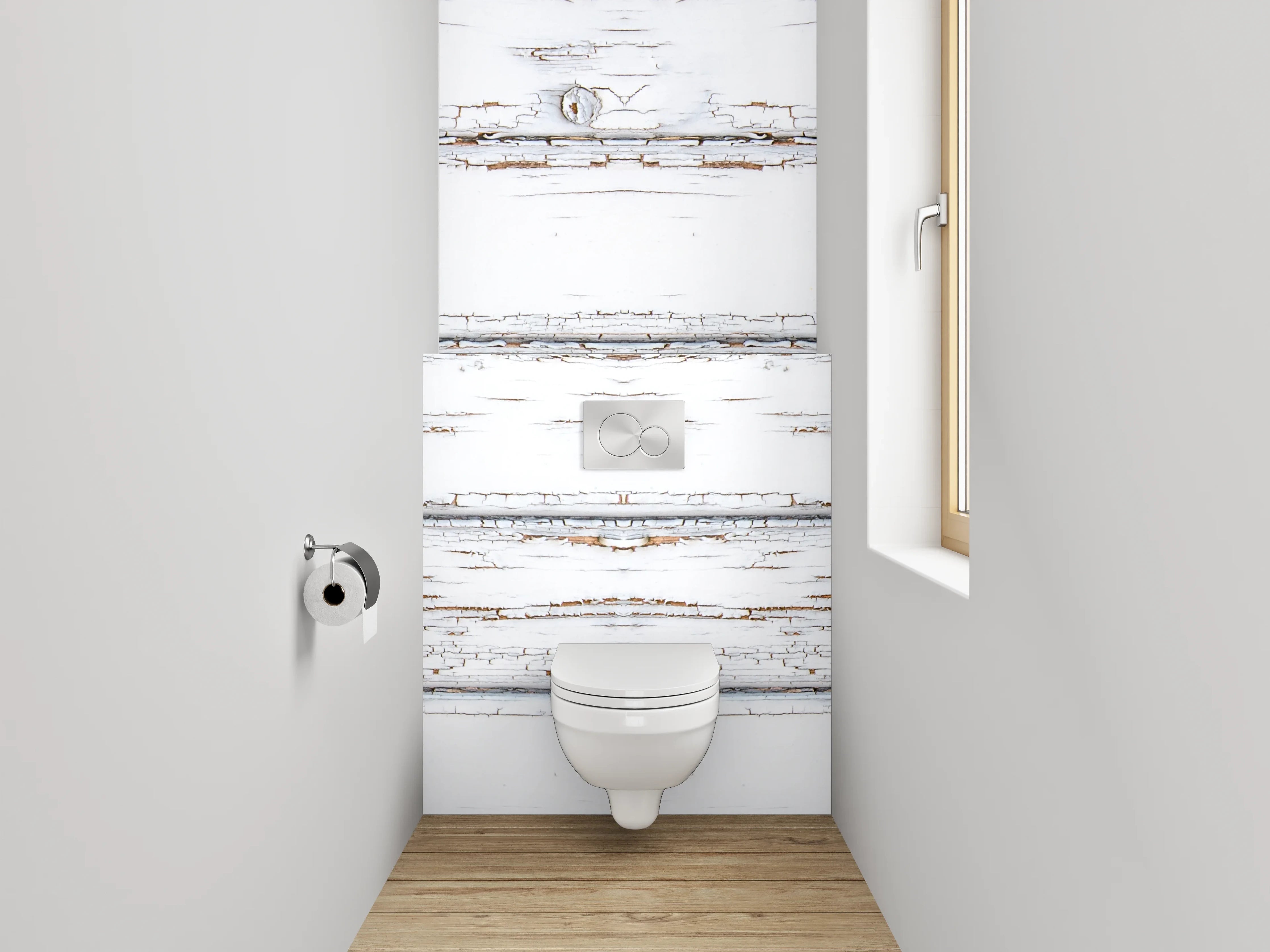 WC-Rückwand - Weiß-braune Vintage-Holzoptik