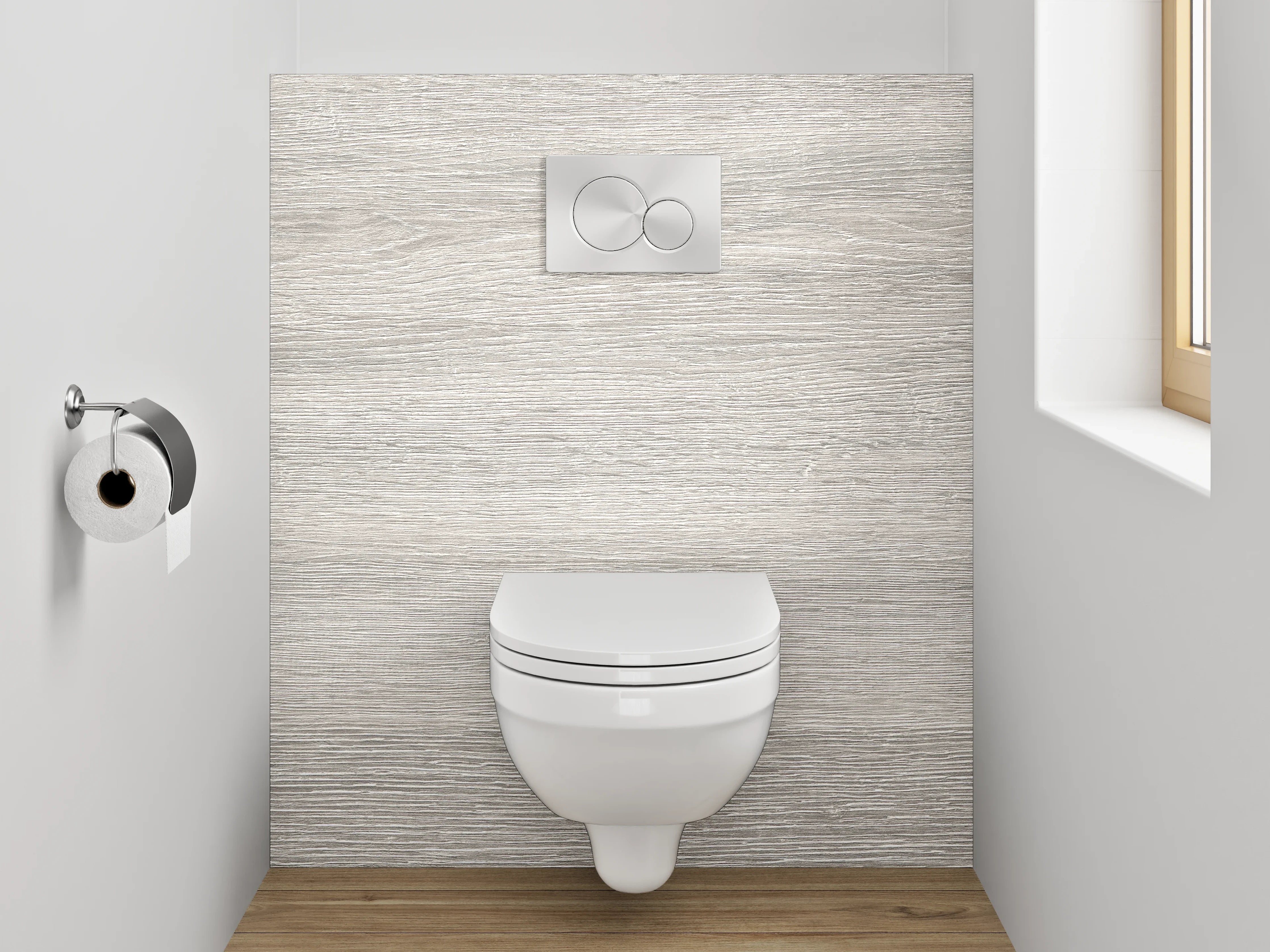 WC-Rückwand - Weiß-graue Holzoptik Fläche