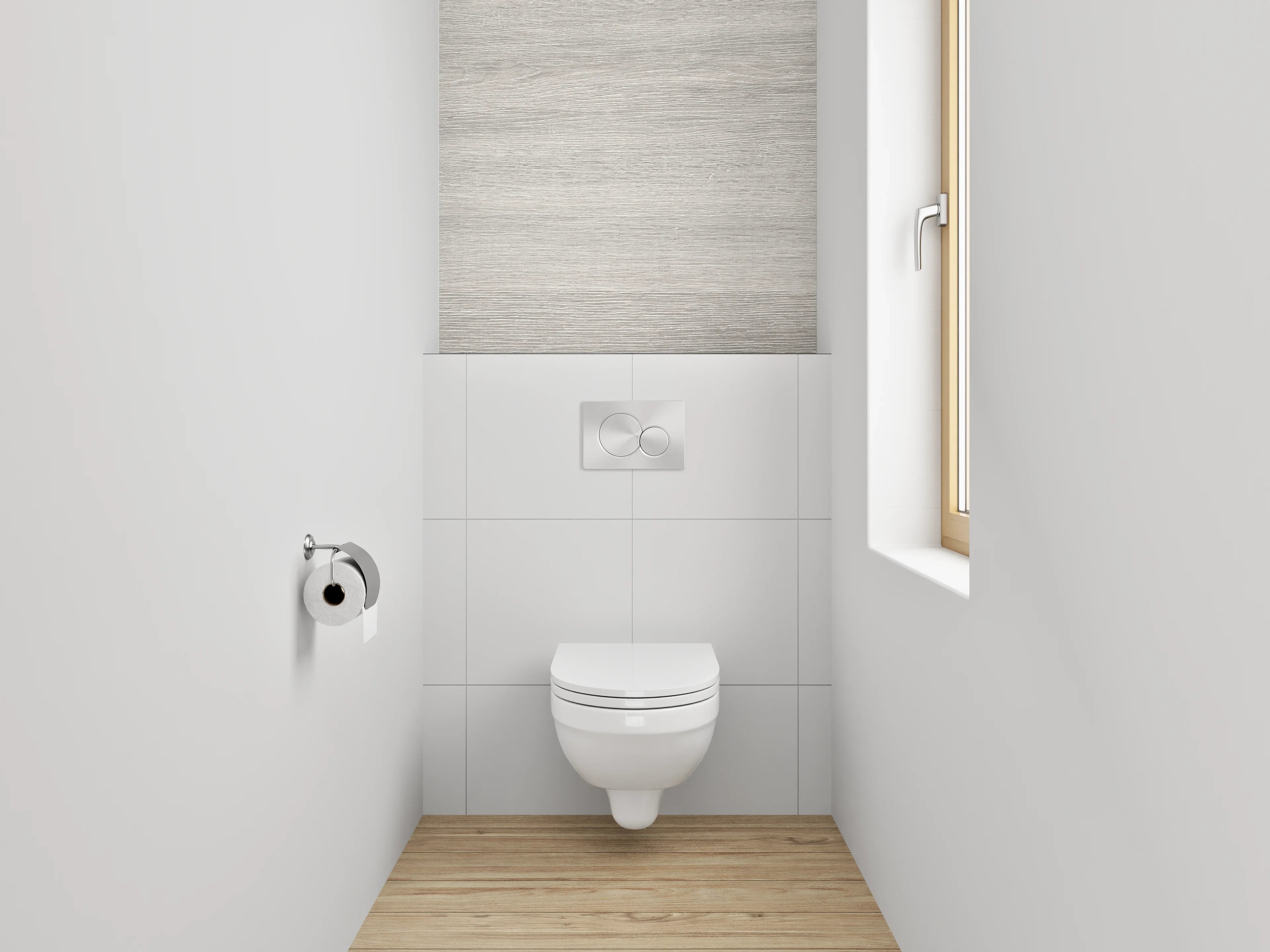 WC-Rückwand - Weiß-graue Holzoptik Fläche