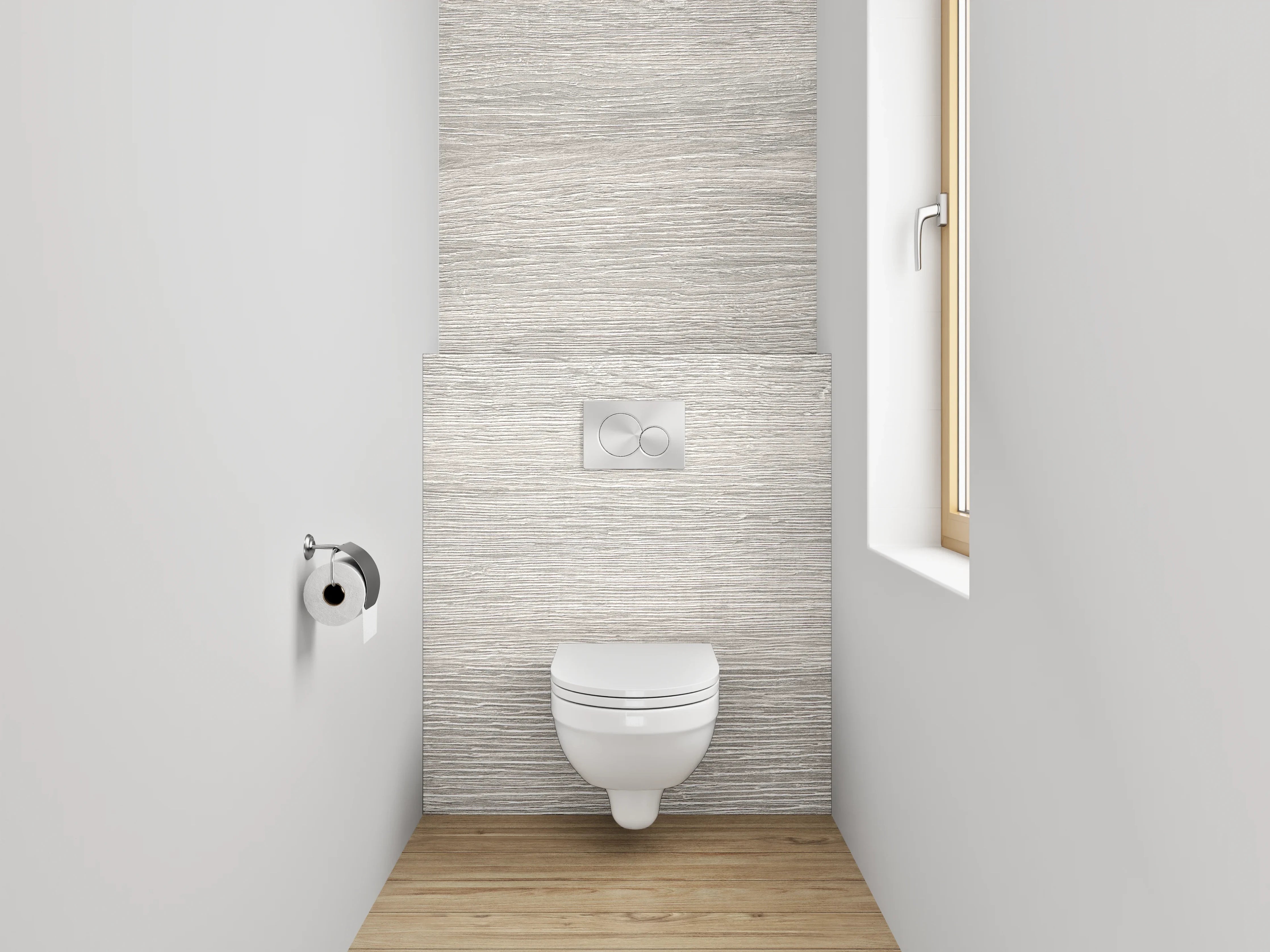 WC-Rückwand - Weiß-graue Holzoptik Fläche