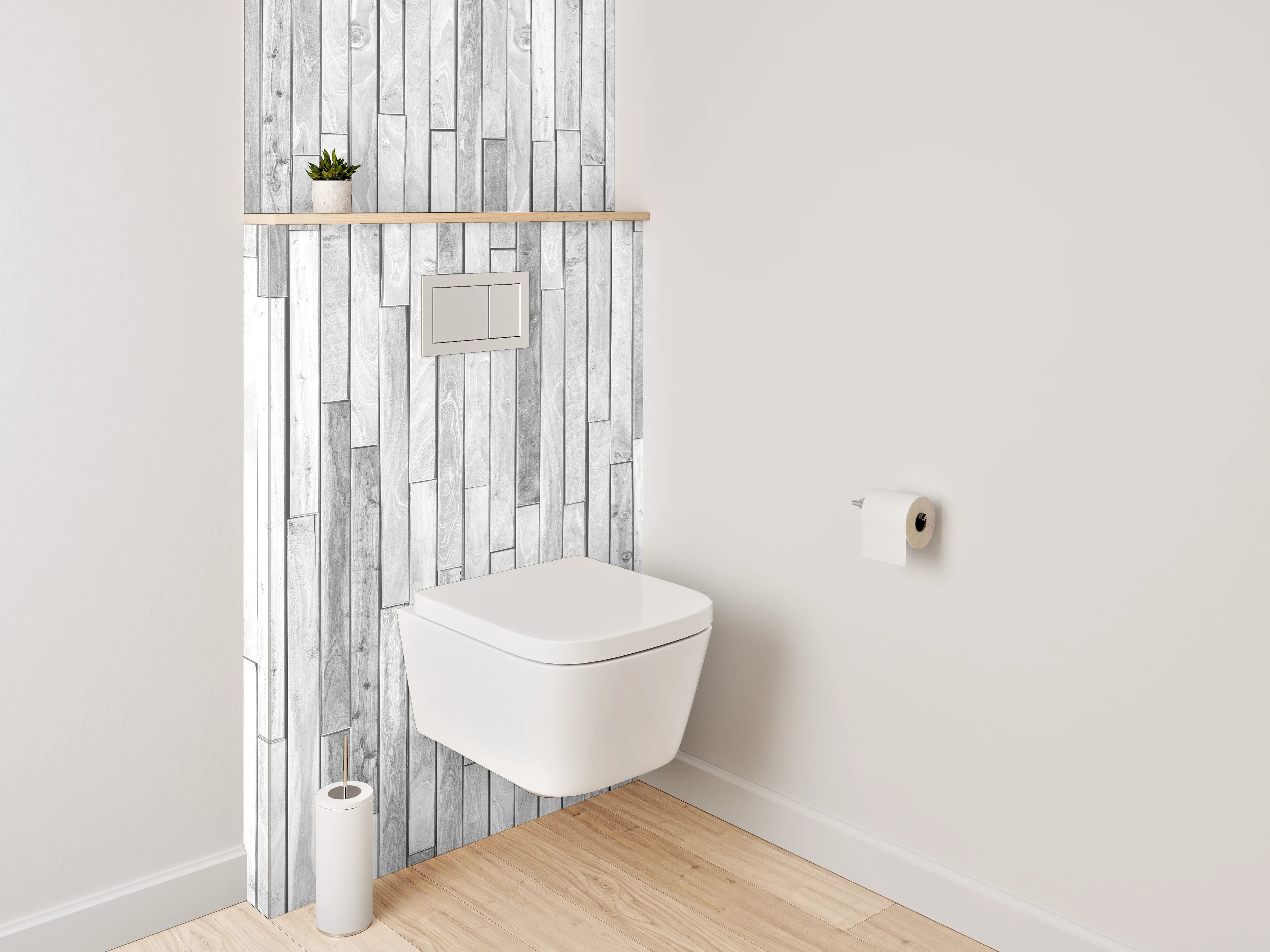 WC-Rückwand - Weiß-graue Holzoptik Wandverkleidung