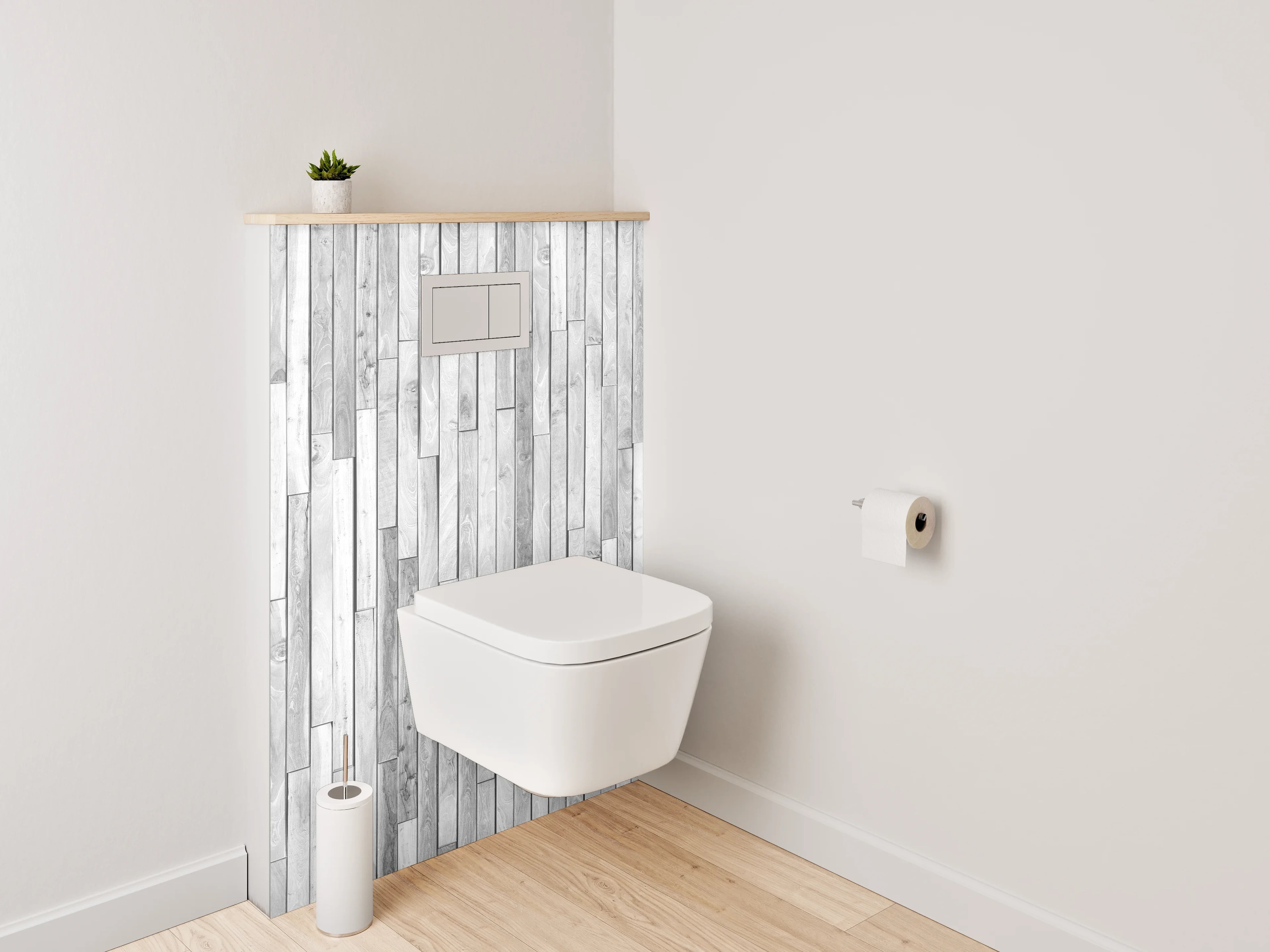 WC-Rückwand - Weiß-graue Holzoptik Wandverkleidung