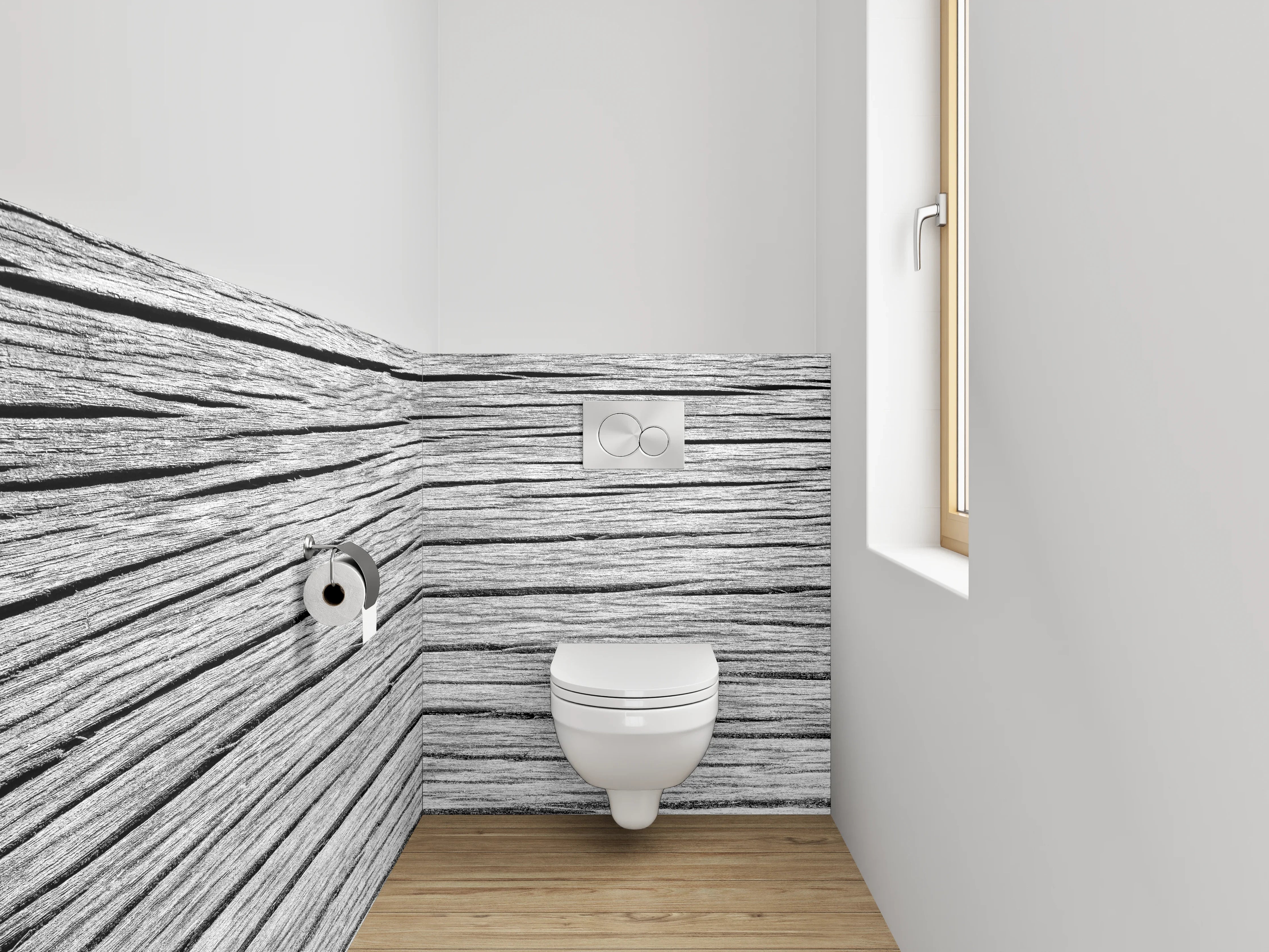 WC-Rückwand - Weiß-graue Holzstruktur-Optik