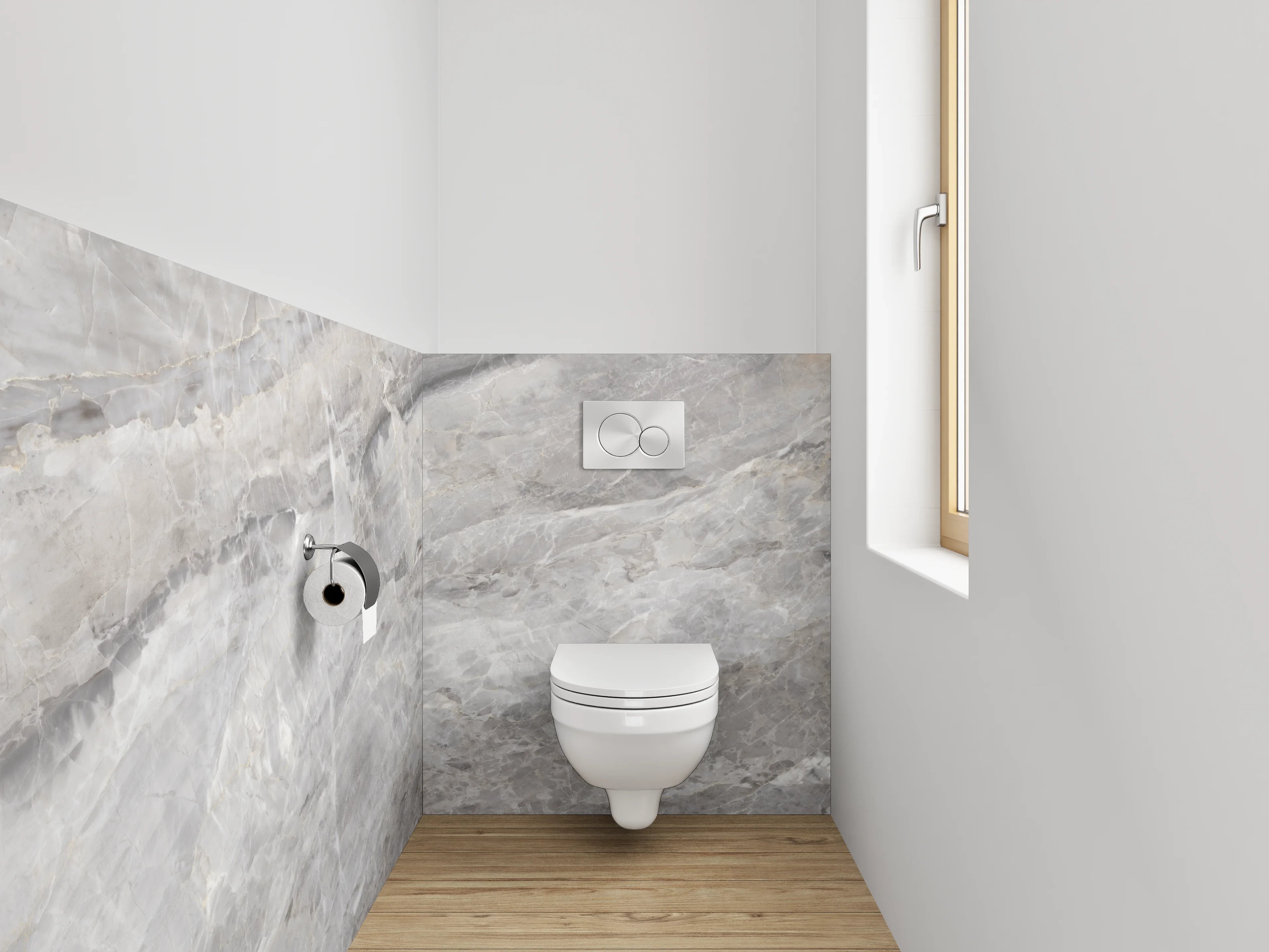 WC-Rückwand - Weiß-graue Marmoroptik Fliesen
