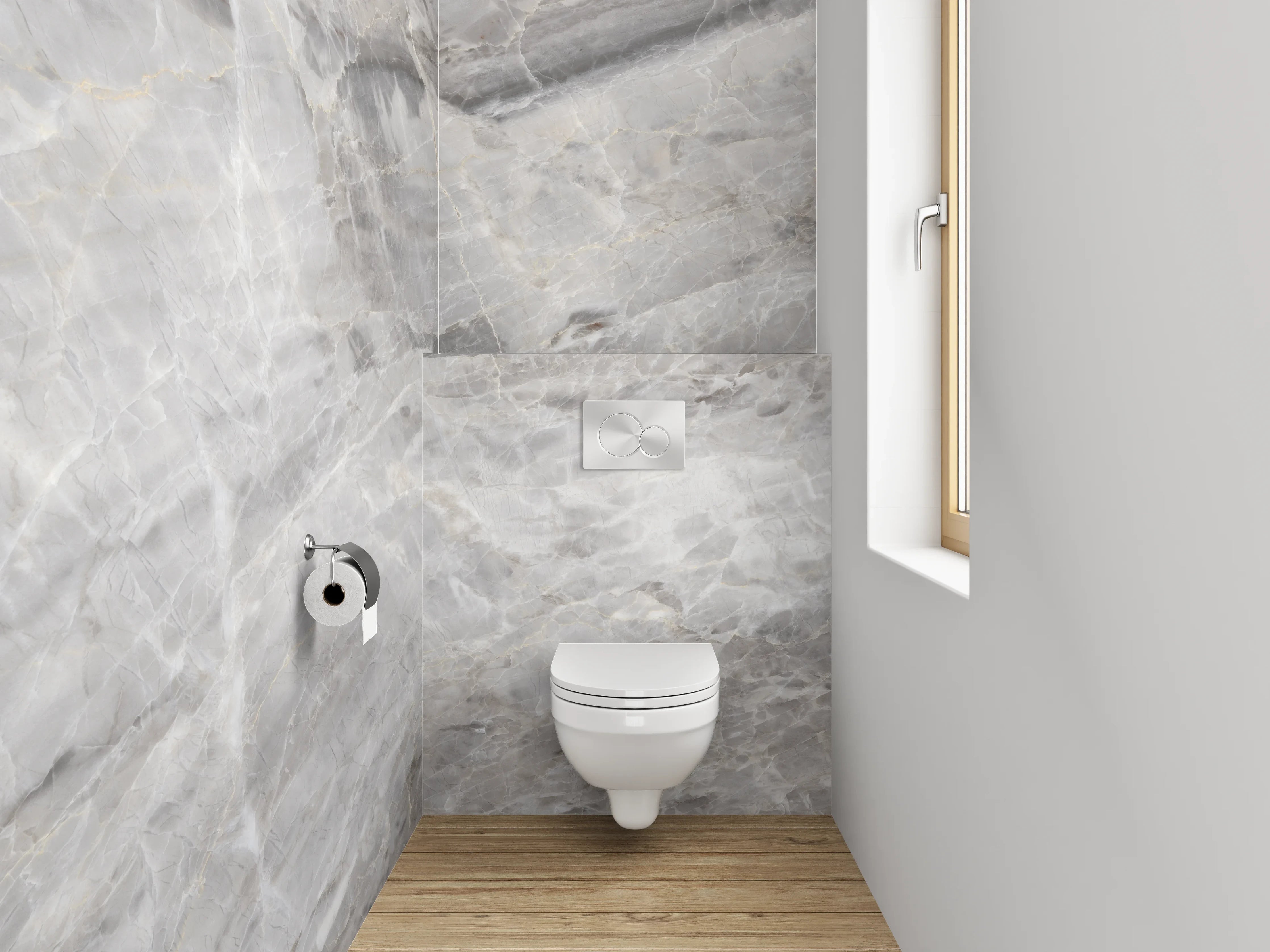 WC-Rückwand - Weiß-graue Marmoroptik Fliesen