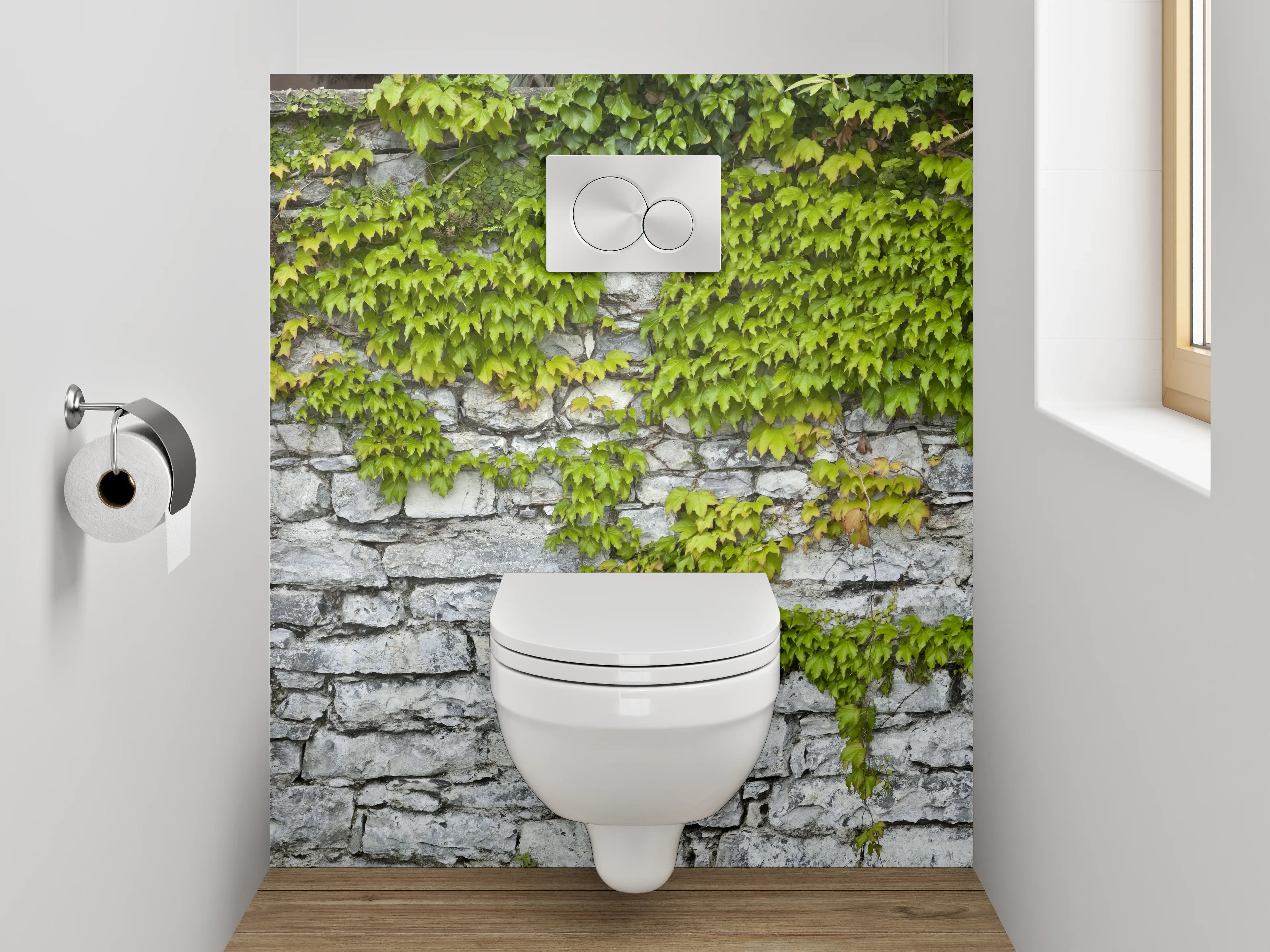 WC-Rückwand - Weiß-graue Natursteinmauer mit Rankpflanze