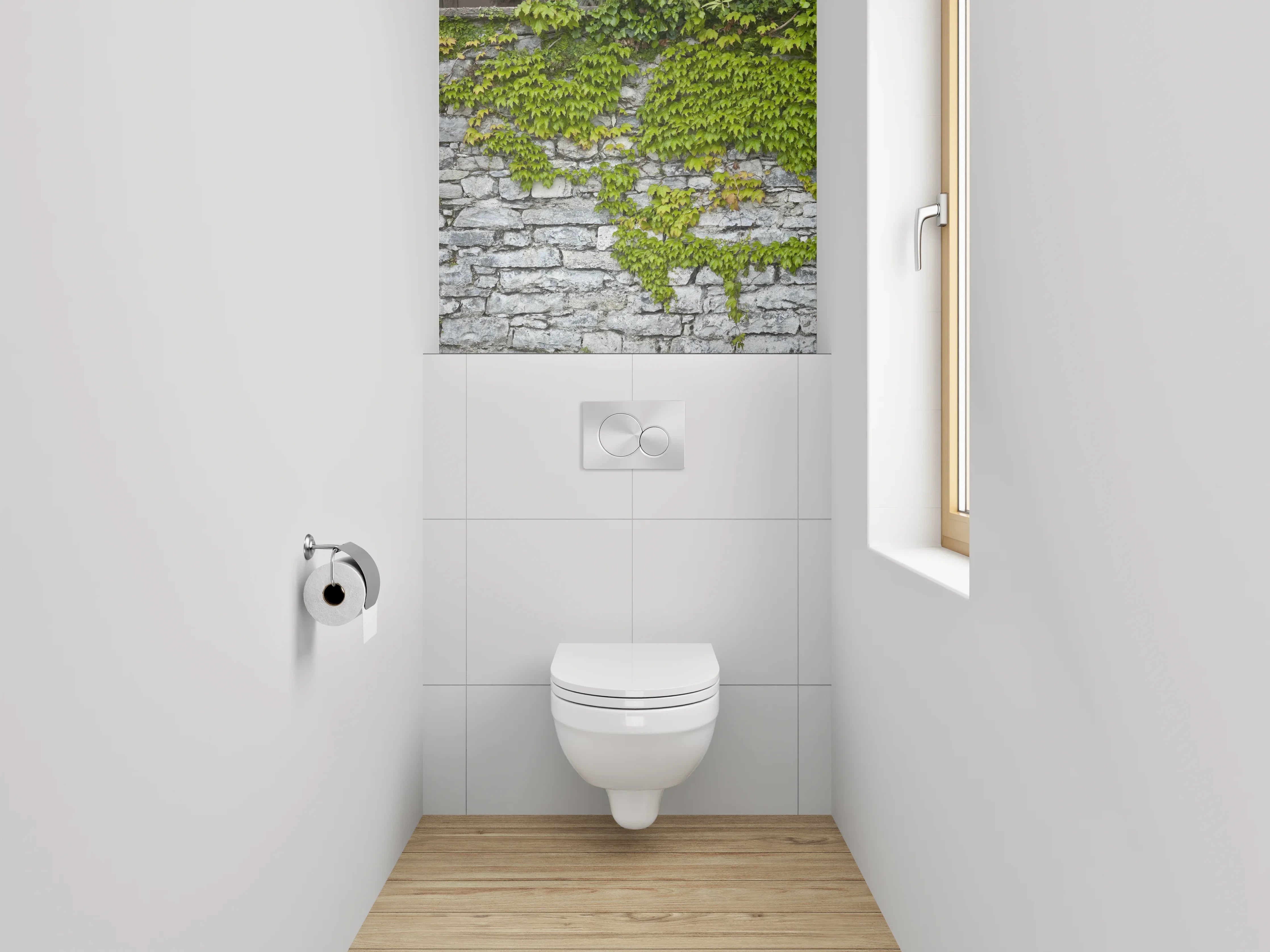WC-Rückwand - Weiß-graue Natursteinmauer mit Rankpflanze
