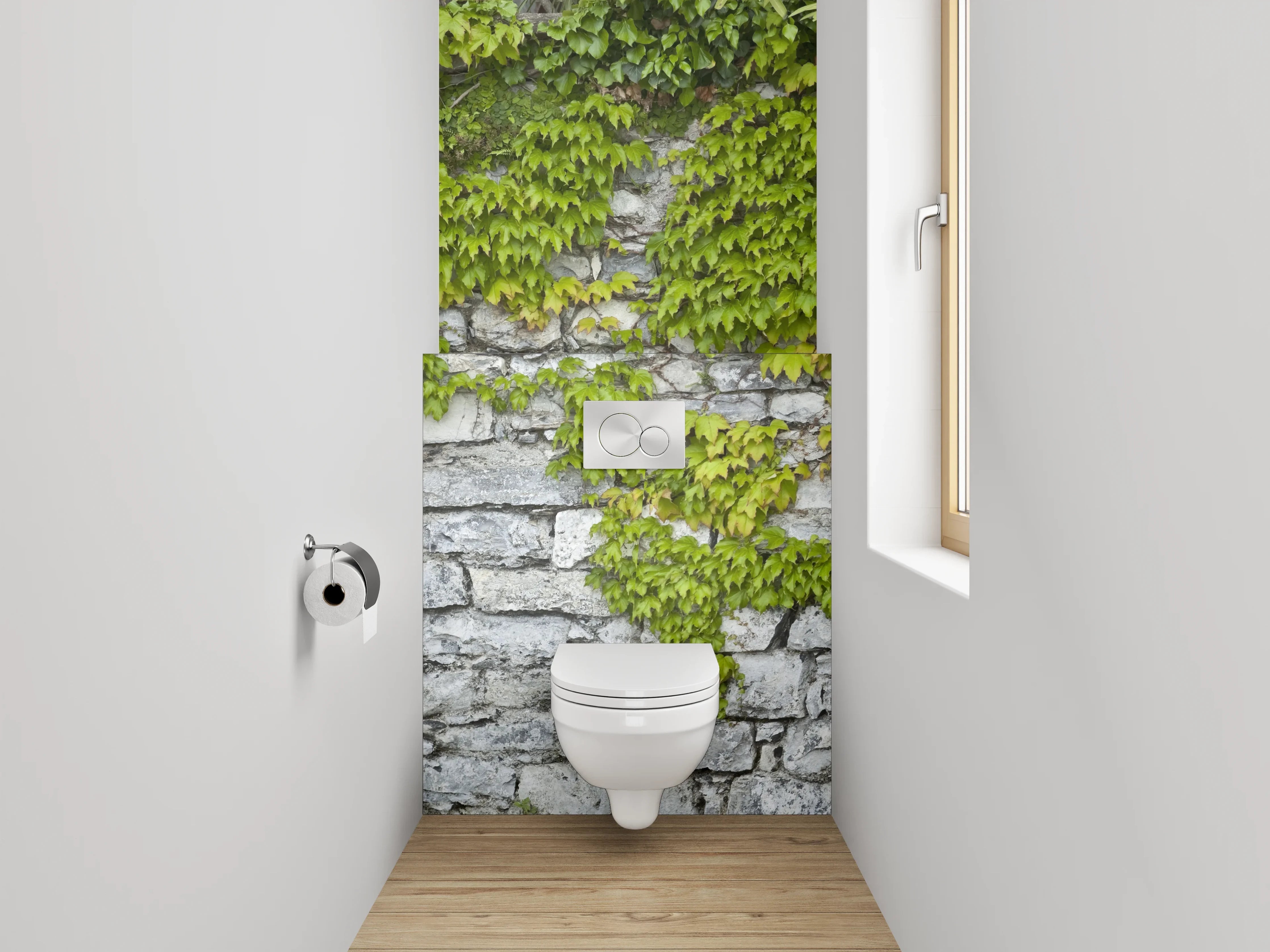 WC-Rückwand - Weiß-graue Natursteinmauer mit Rankpflanze