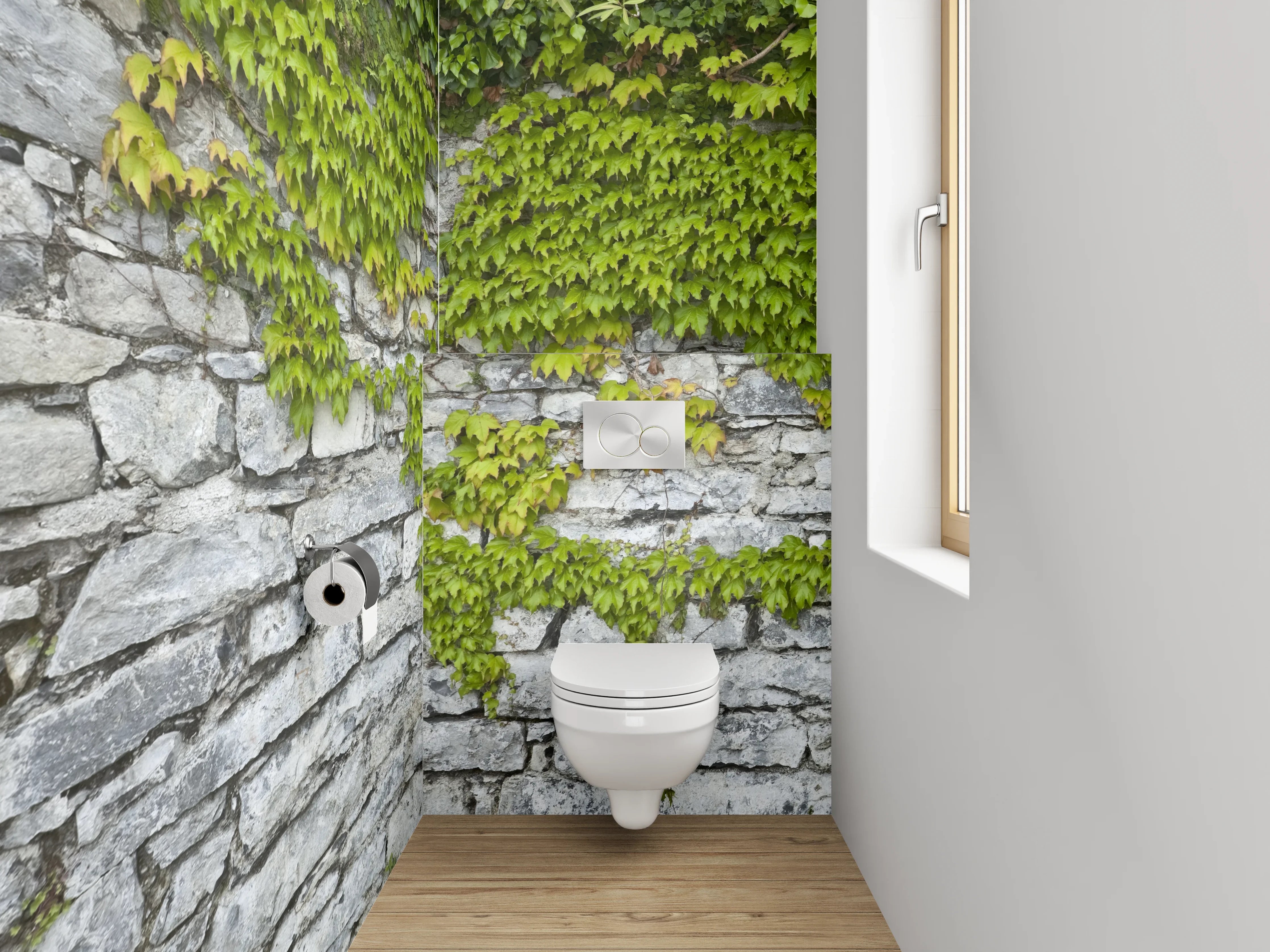 WC-Rückwand - Weiß-graue Natursteinmauer mit Rankpflanze