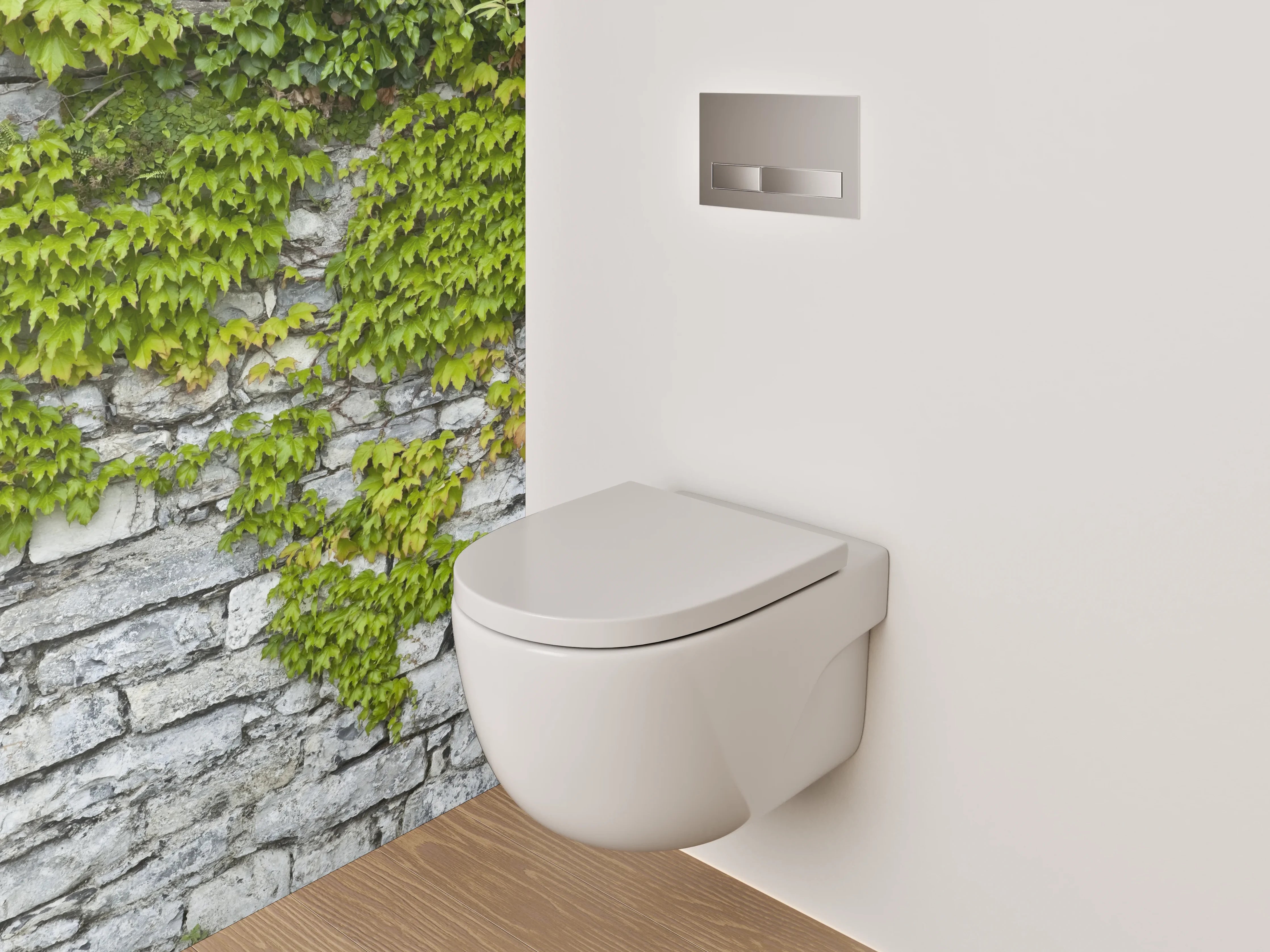 WC-Rückwand - Weiß-graue Natursteinmauer mit Rankpflanze