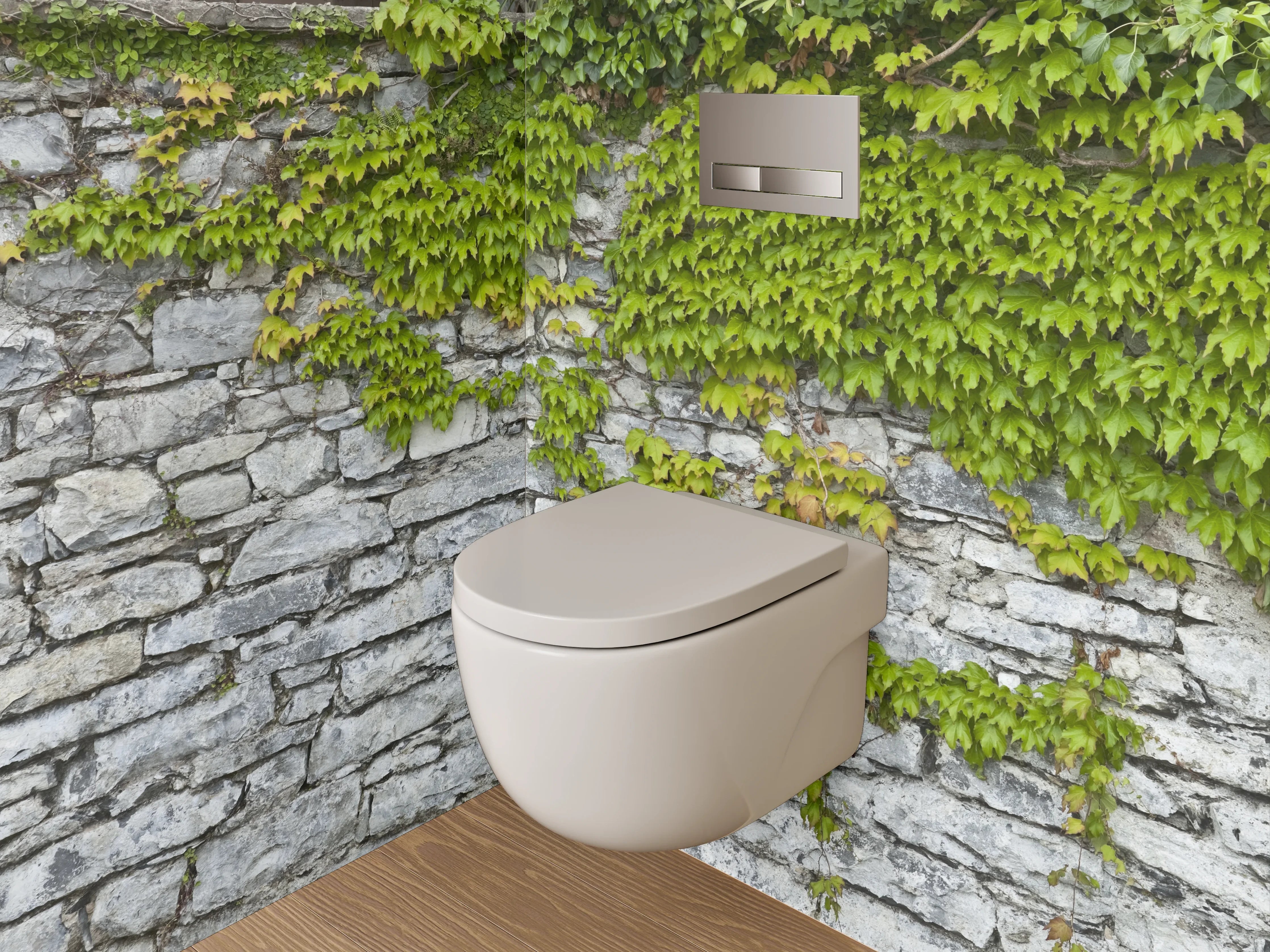 WC-Rückwand - Weiß-graue Natursteinmauer mit Rankpflanze