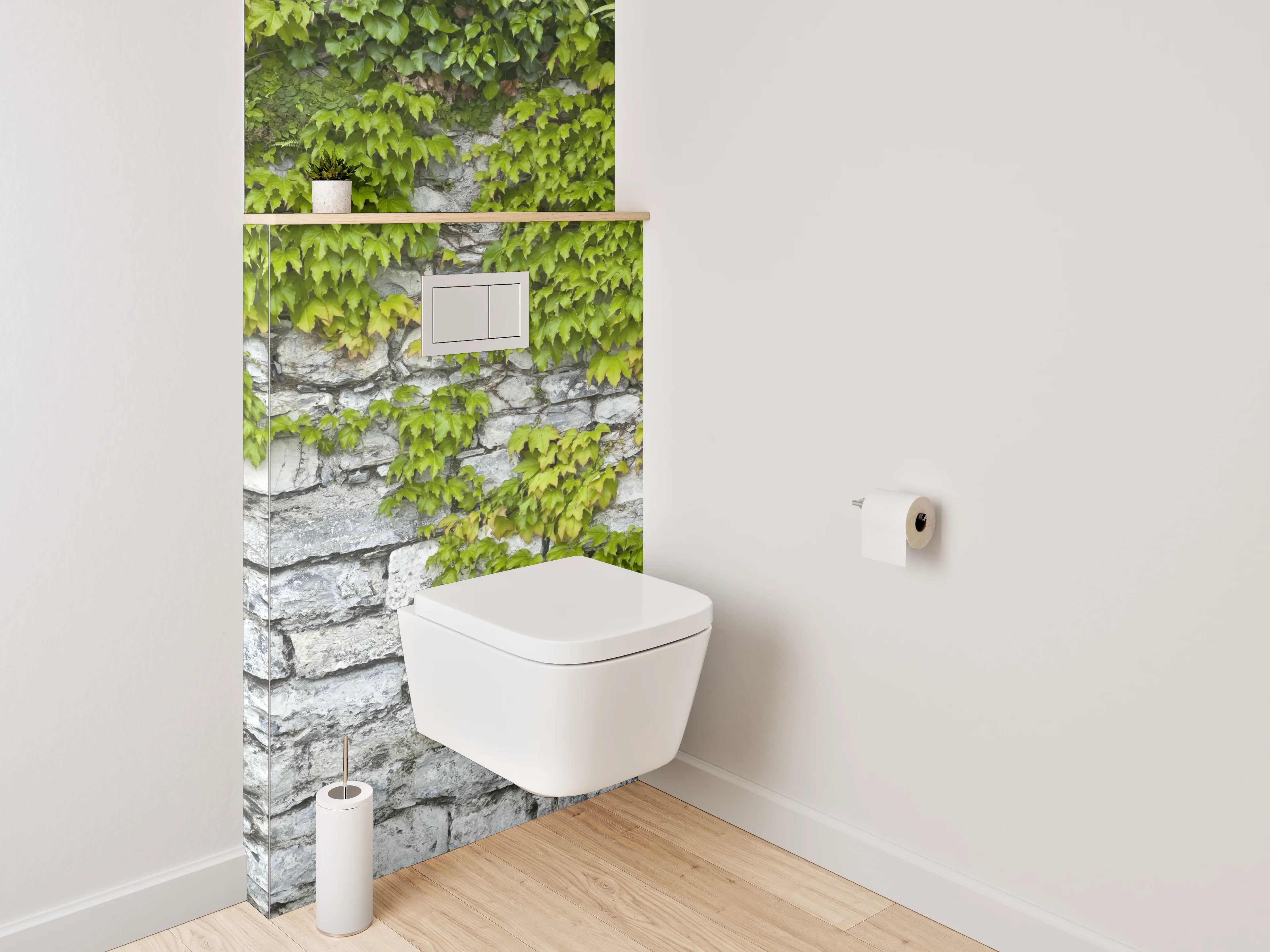 WC-Rückwand - Weiß-graue Natursteinmauer mit Rankpflanze