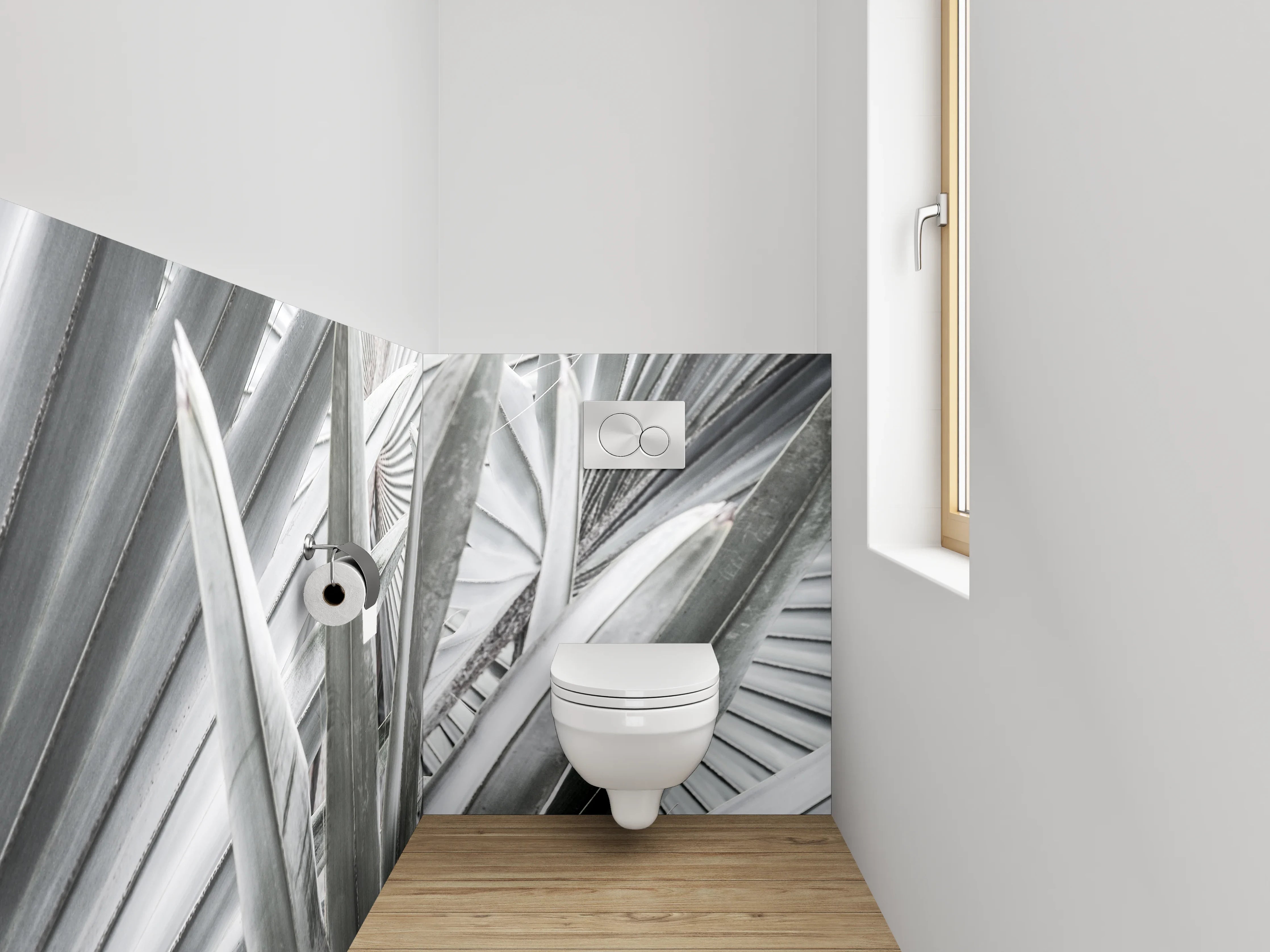 WC-Rückwand - Weiß-graue Palmenblätter Fotomotiv