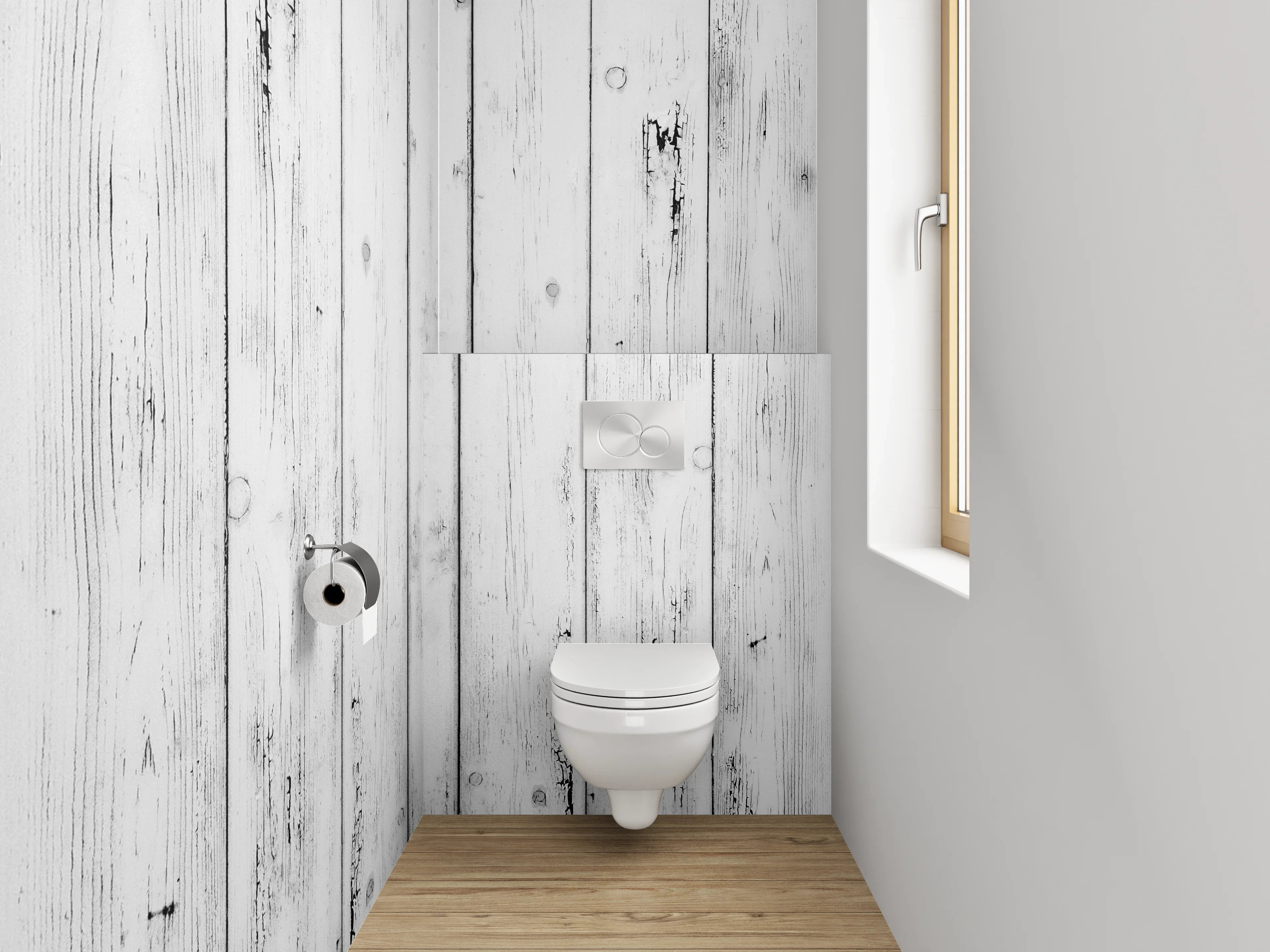 WC-Rückwand - Weiß-graue Vintage-Holzoptik