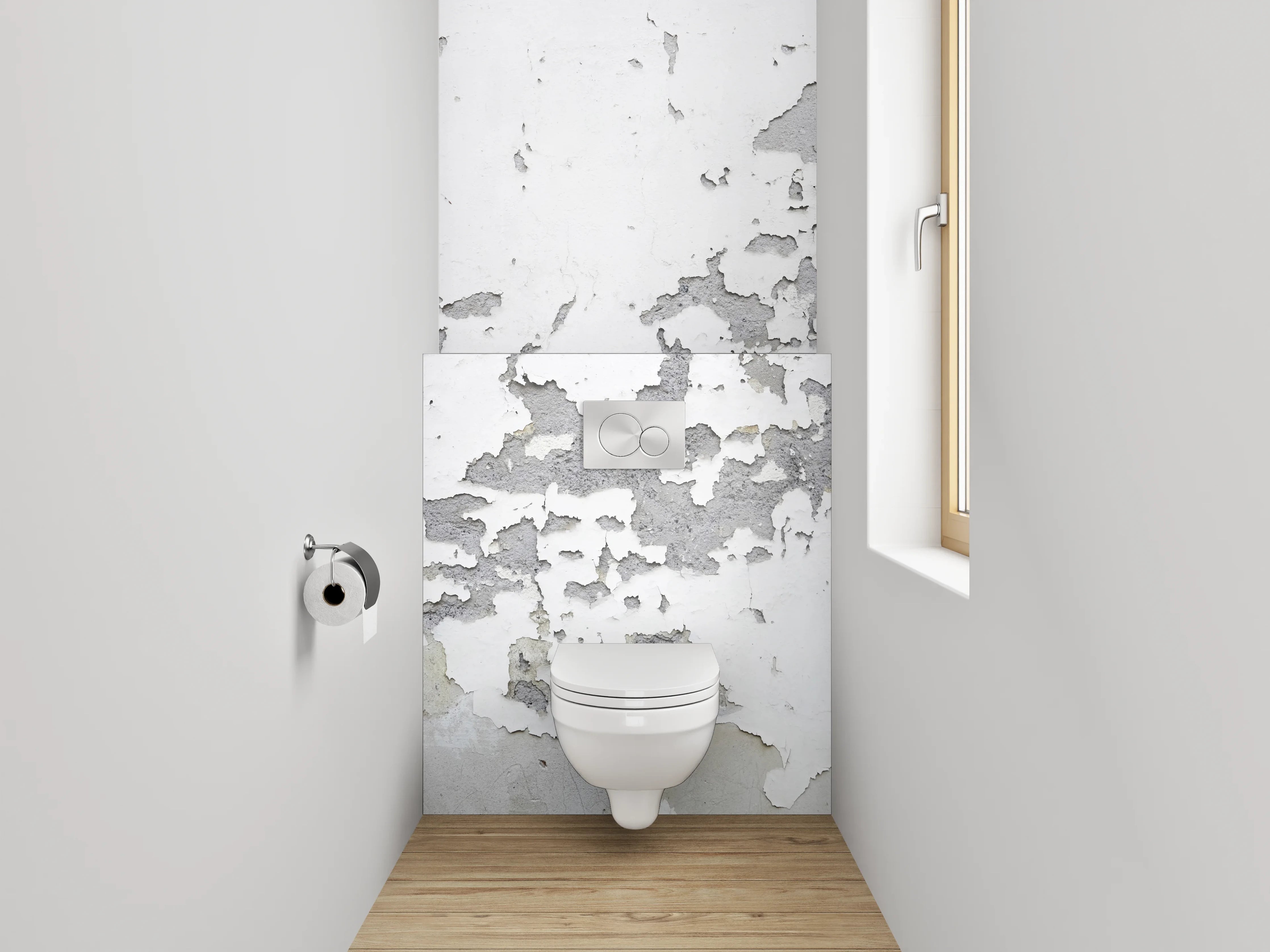 WC-Rückwand - Weiß-graue Vintage-Putzstruktur
