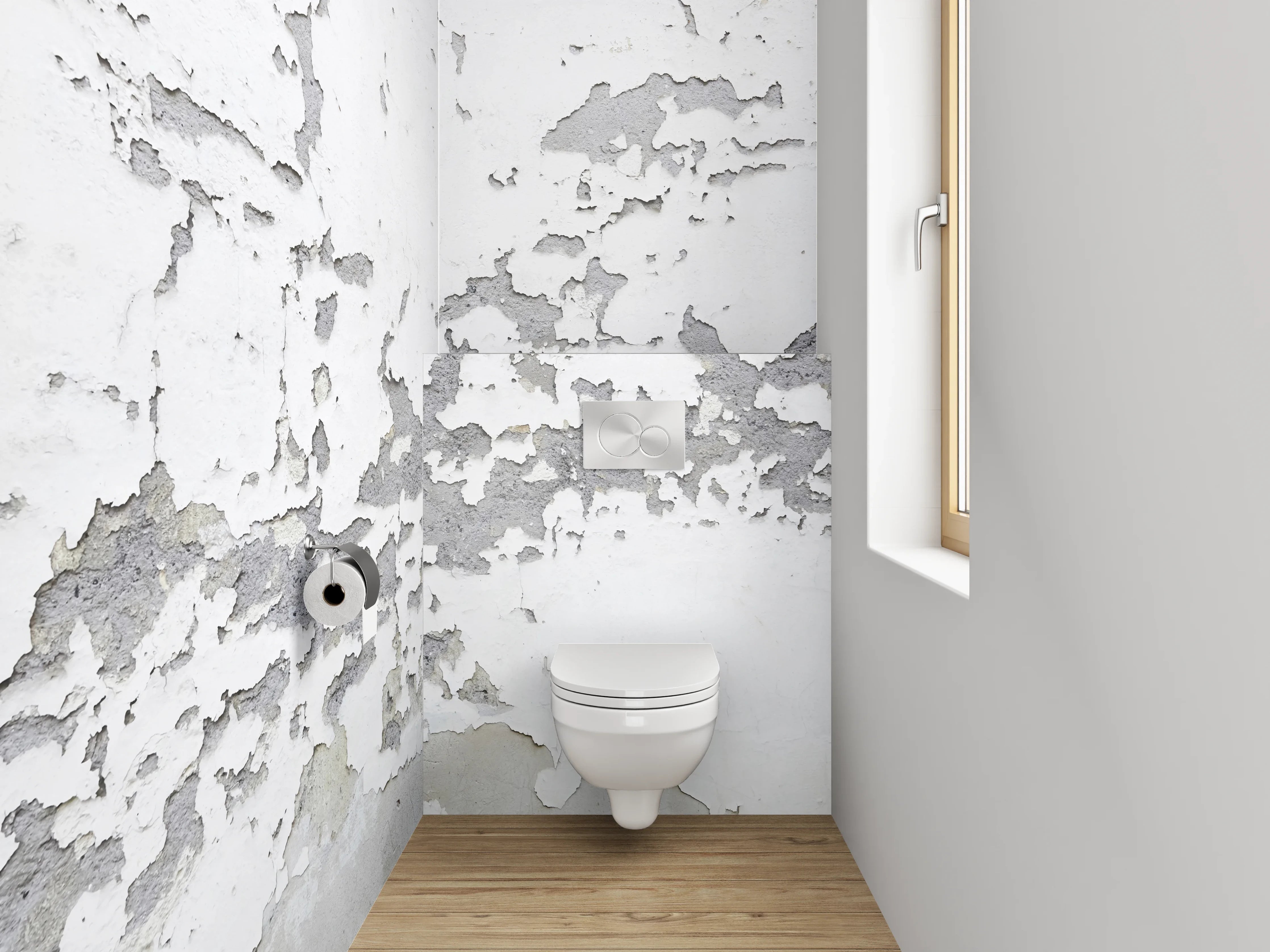 WC-Rückwand - Weiß-graue Vintage-Putzstruktur