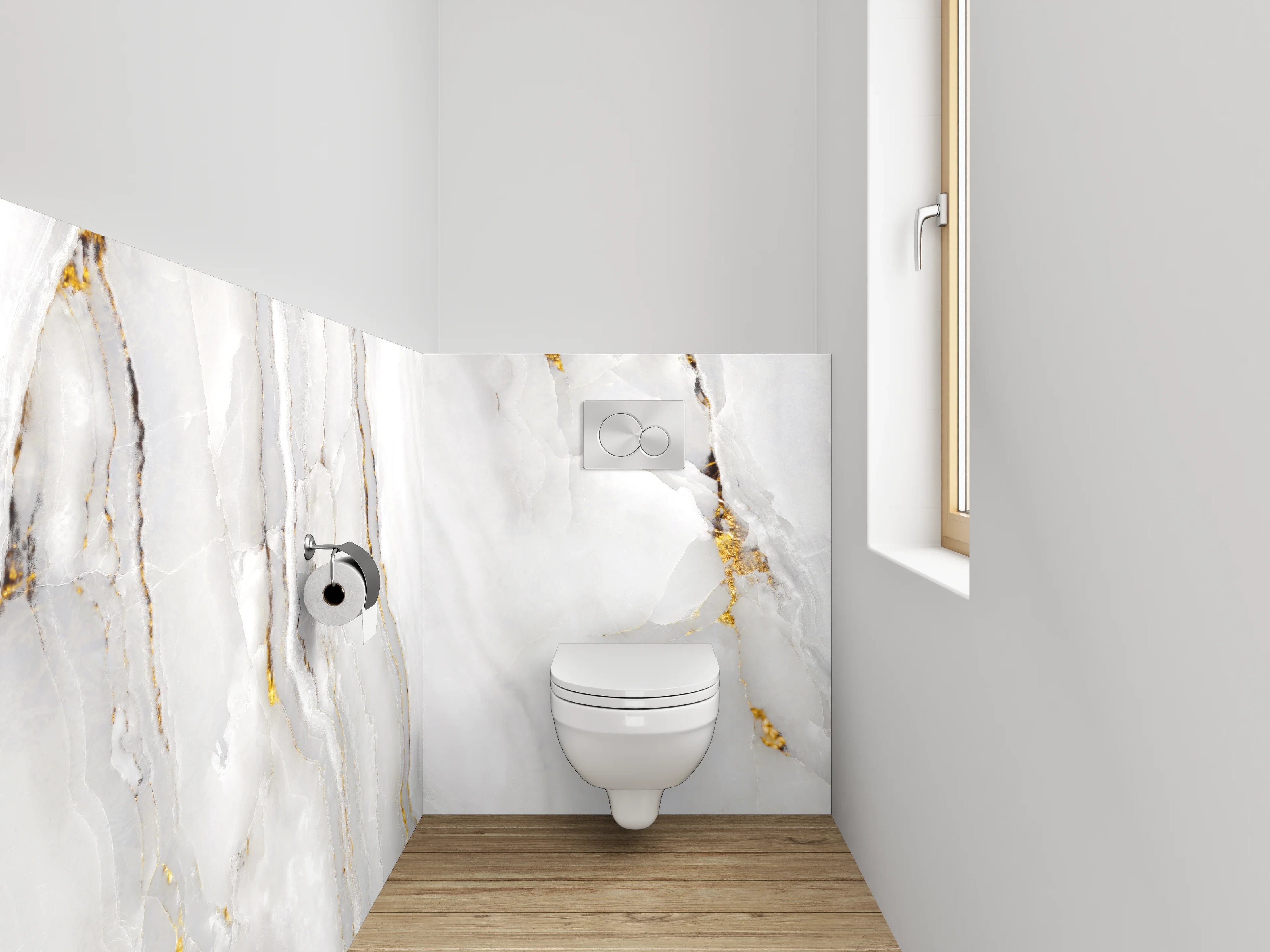 WC-Rückwand - Weiß-grauer Marmor mit Goldadern