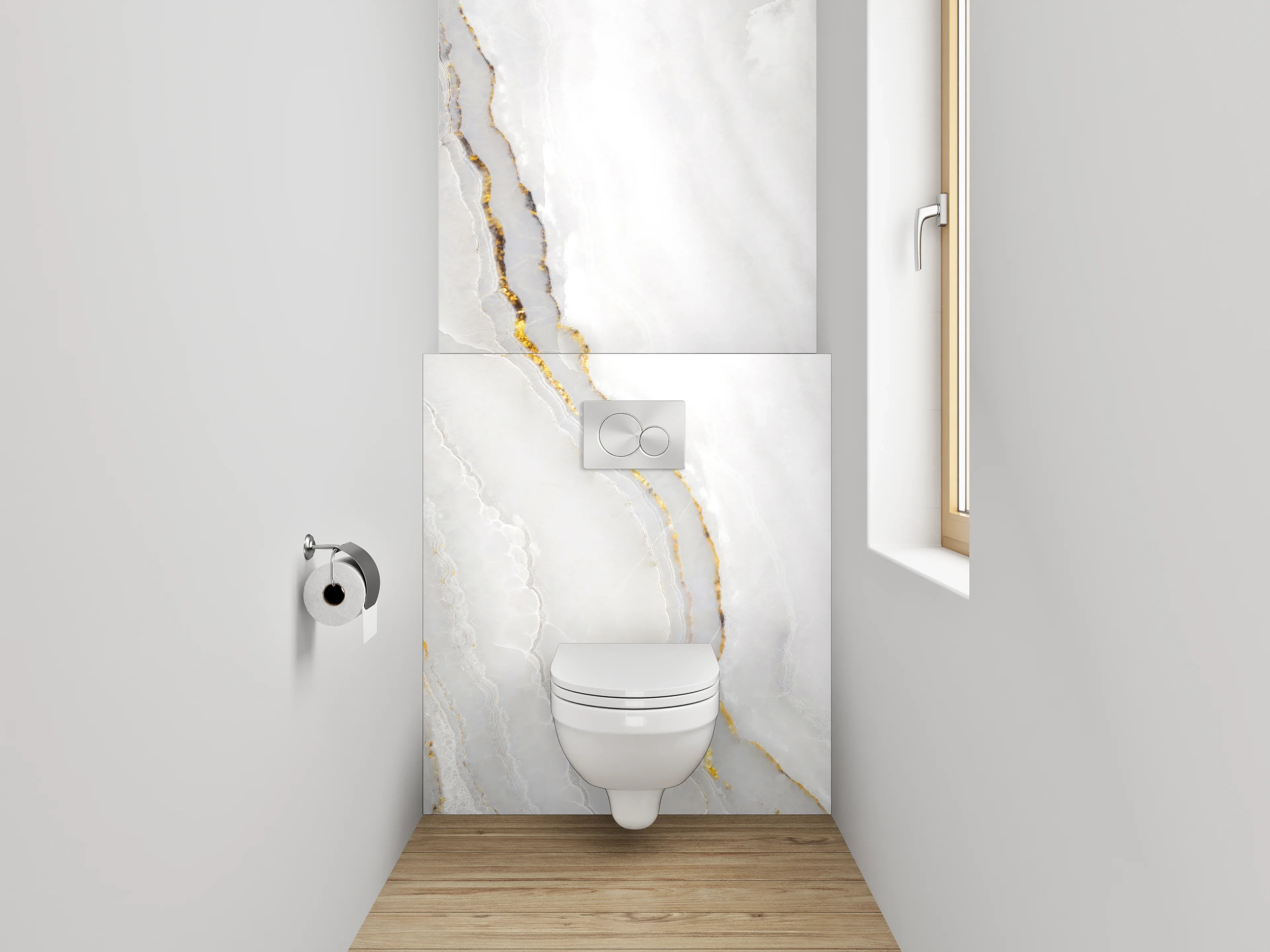 WC-Rückwand - Weiß-grauer Marmor mit Goldadern