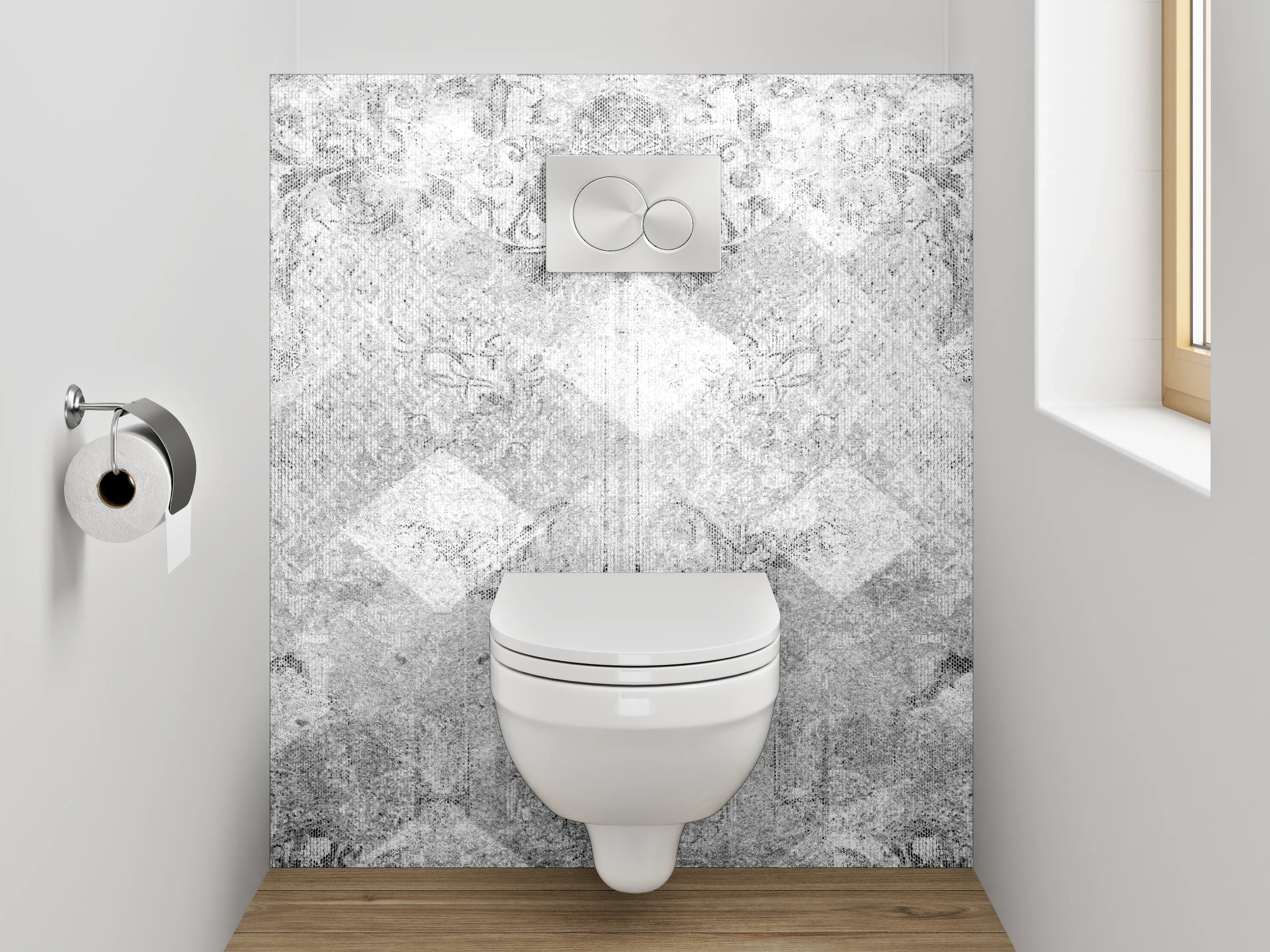 WC-Rückwand - Weiß-graues Barockmuster Marmoroptik