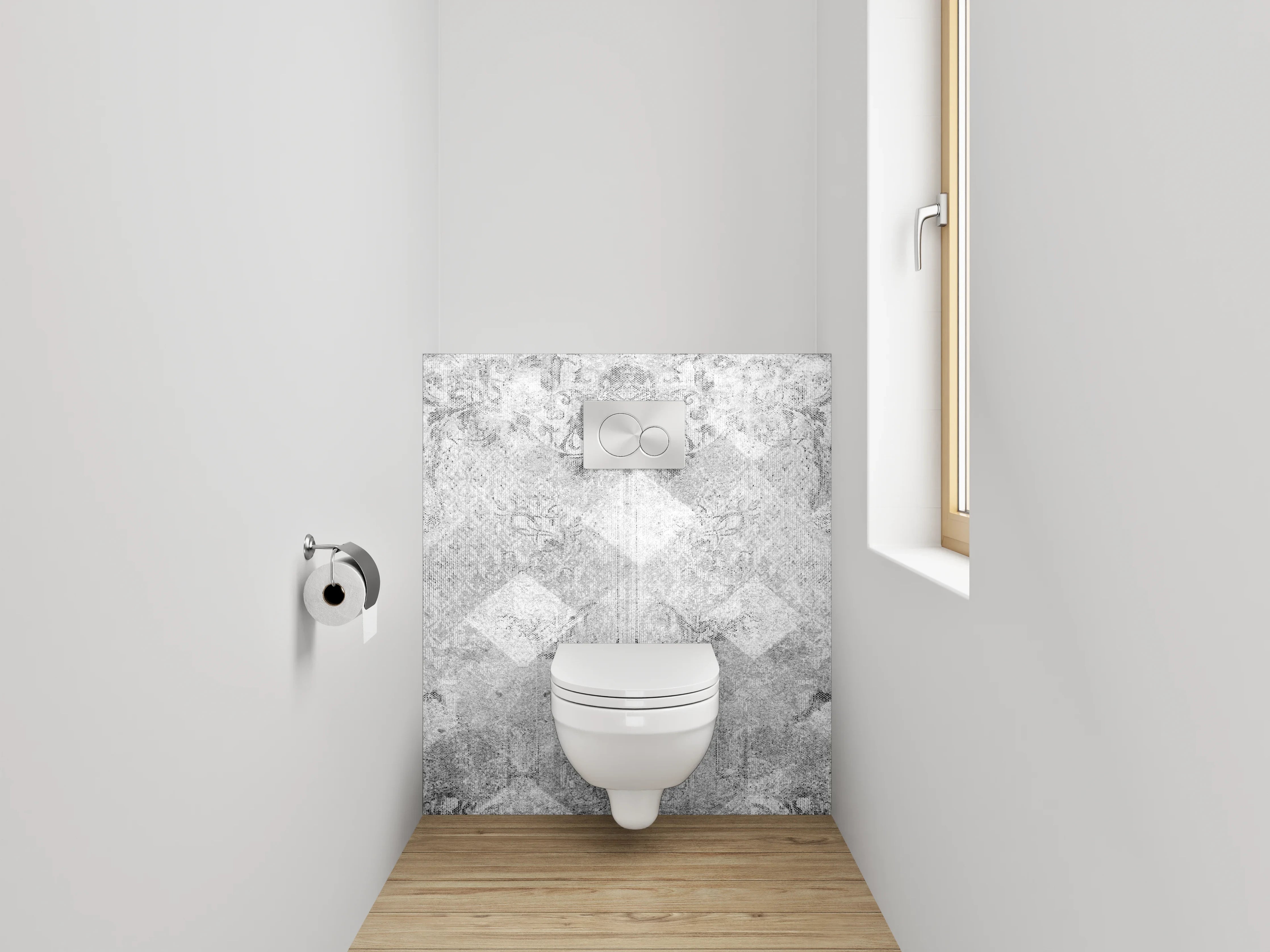 WC-Rückwand - Weiß-graues Barockmuster Marmoroptik