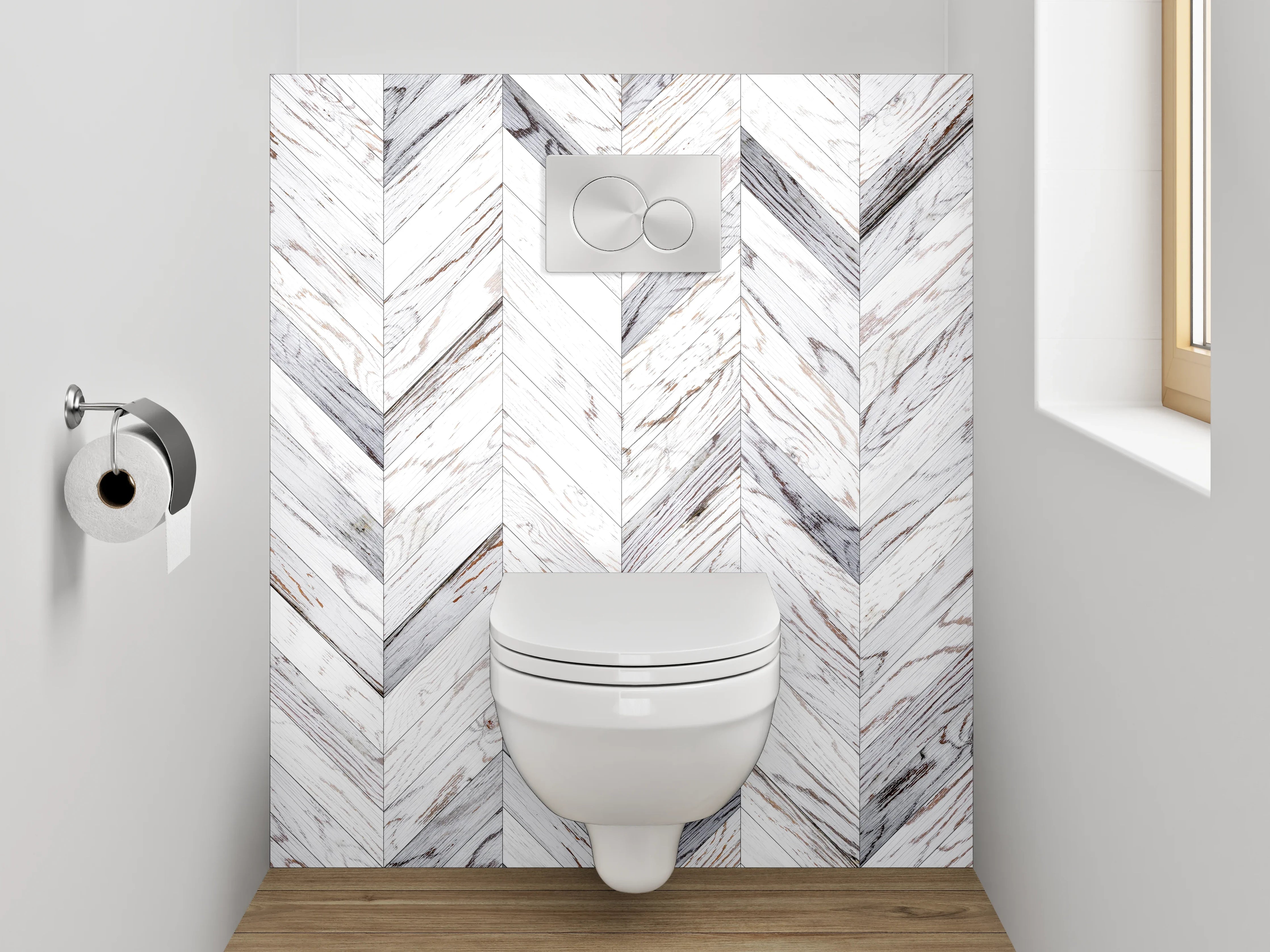 WC-Rückwand - Weiß-graues Chevron-Holz Muster
