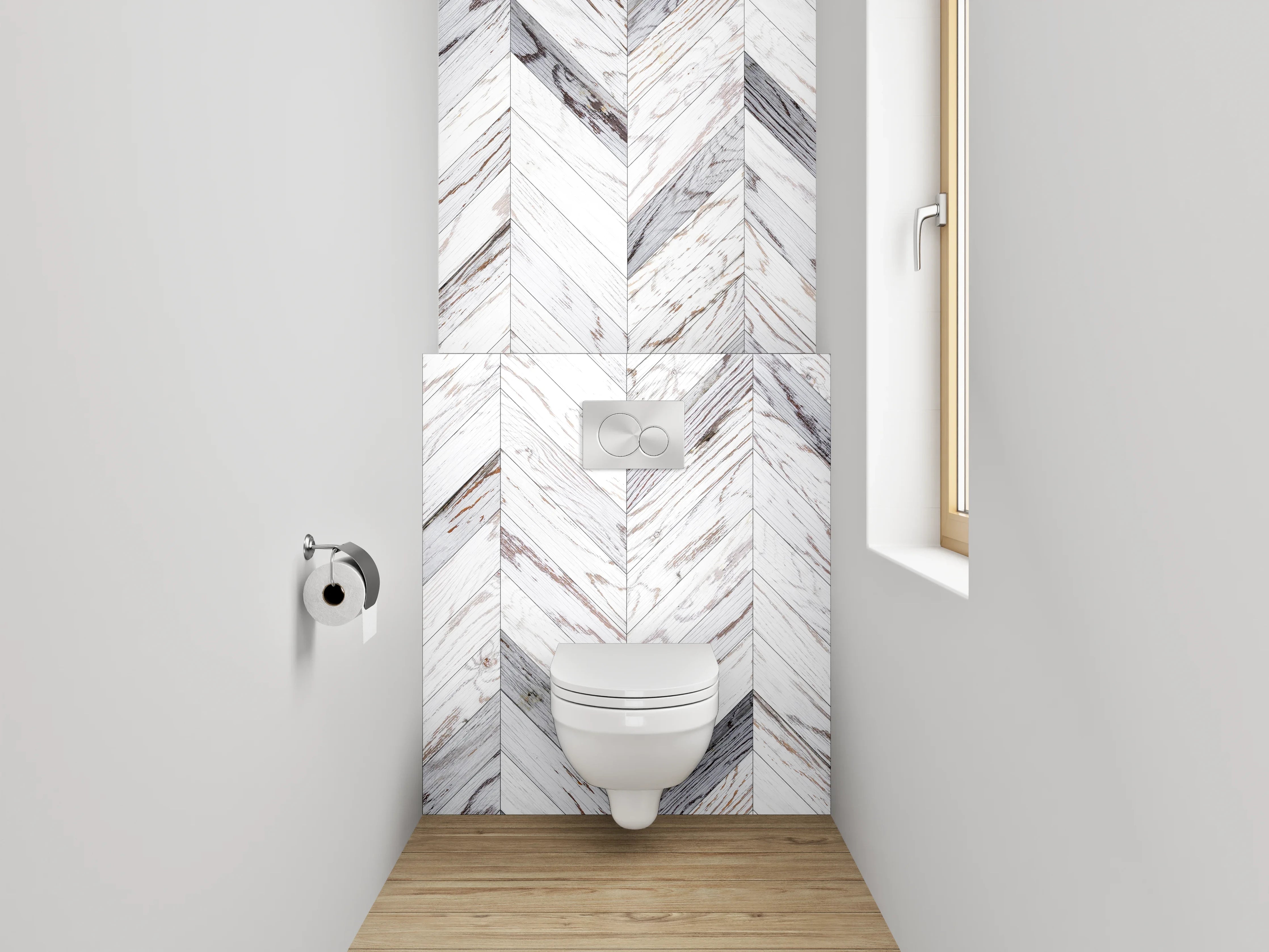 WC-Rückwand - Weiß-graues Chevron-Holz Muster