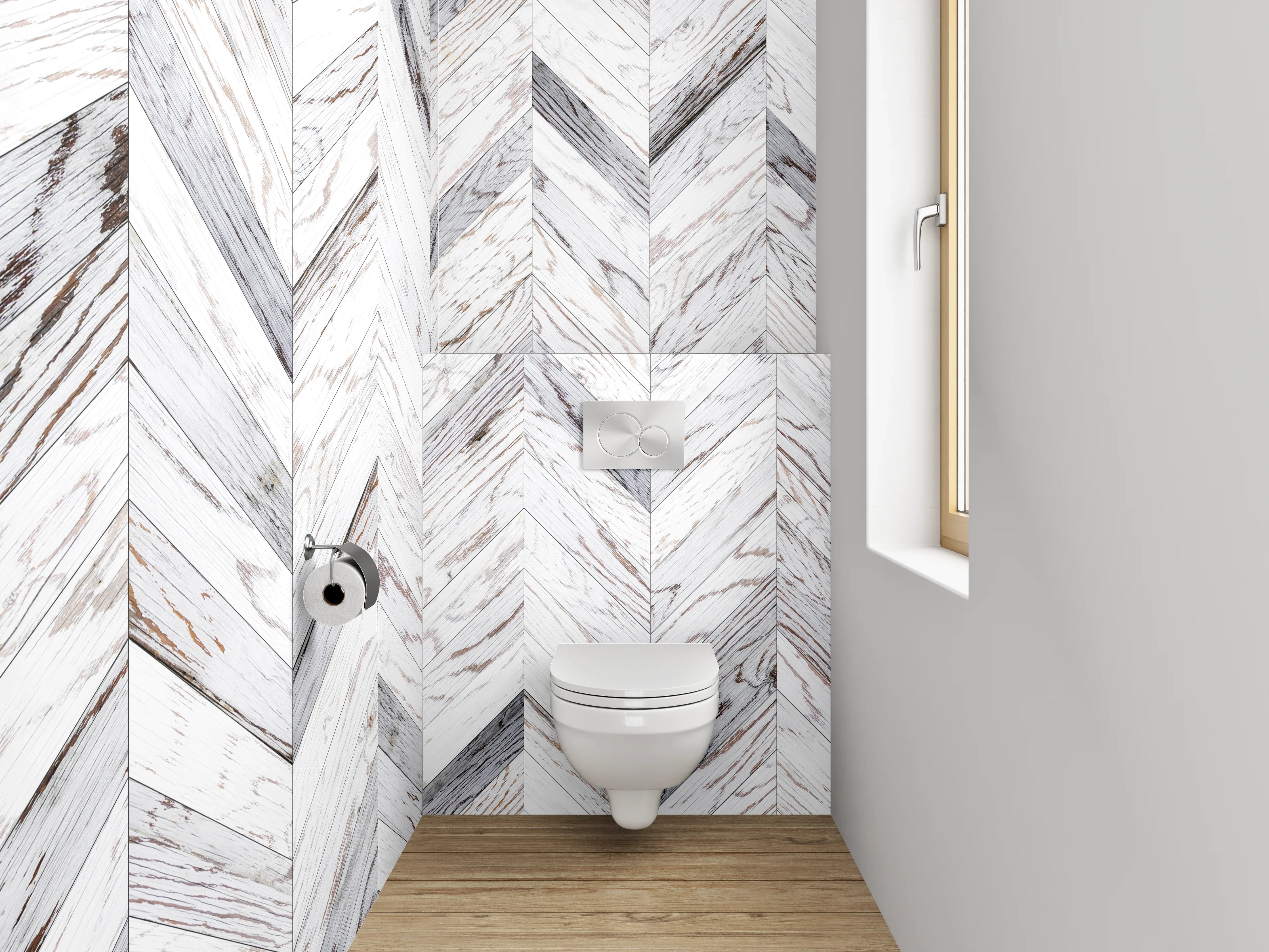WC-Rückwand - Weiß-graues Chevron-Holz Muster