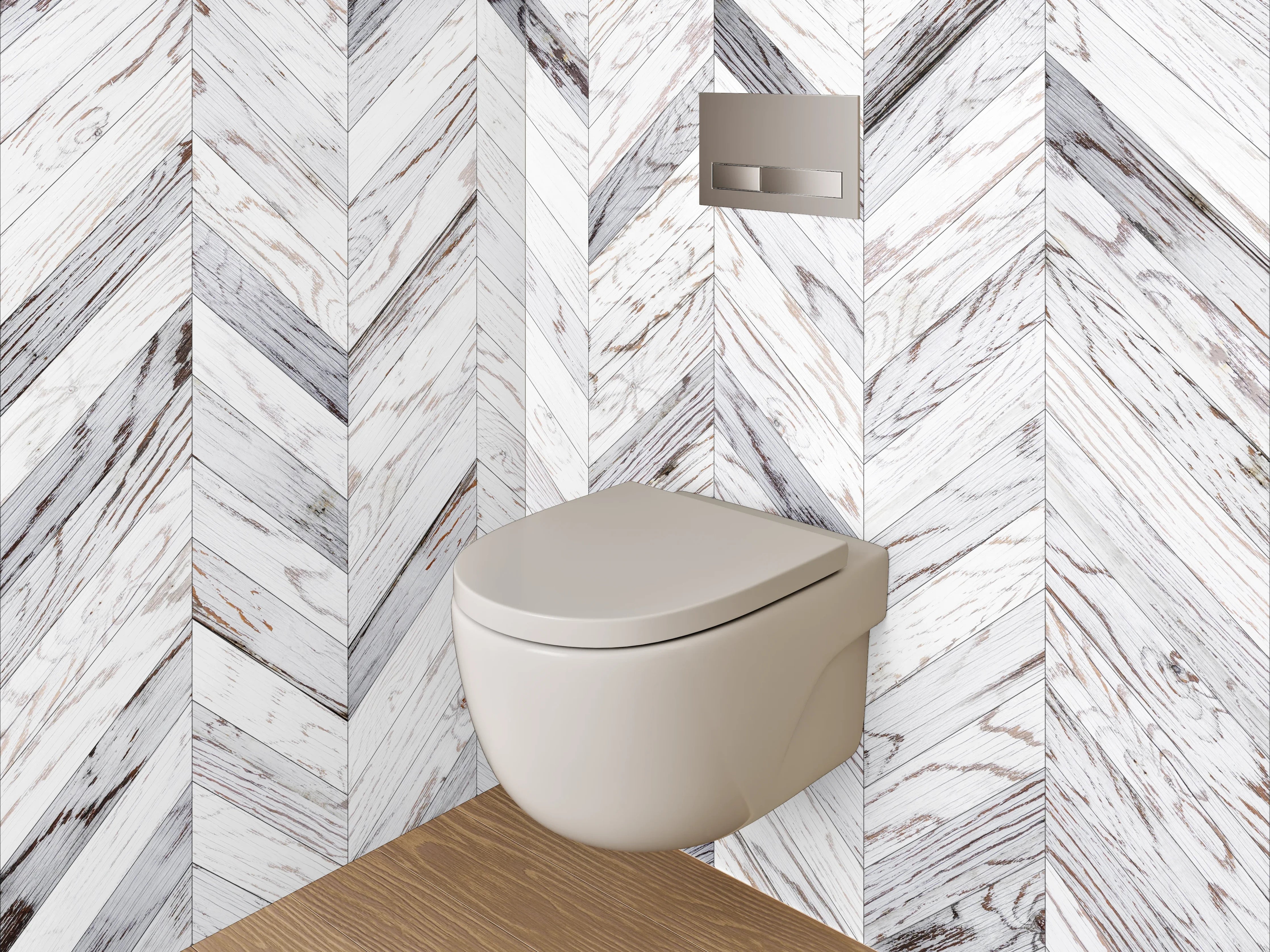 WC-Rückwand - Weiß-graues Chevron-Holz Muster