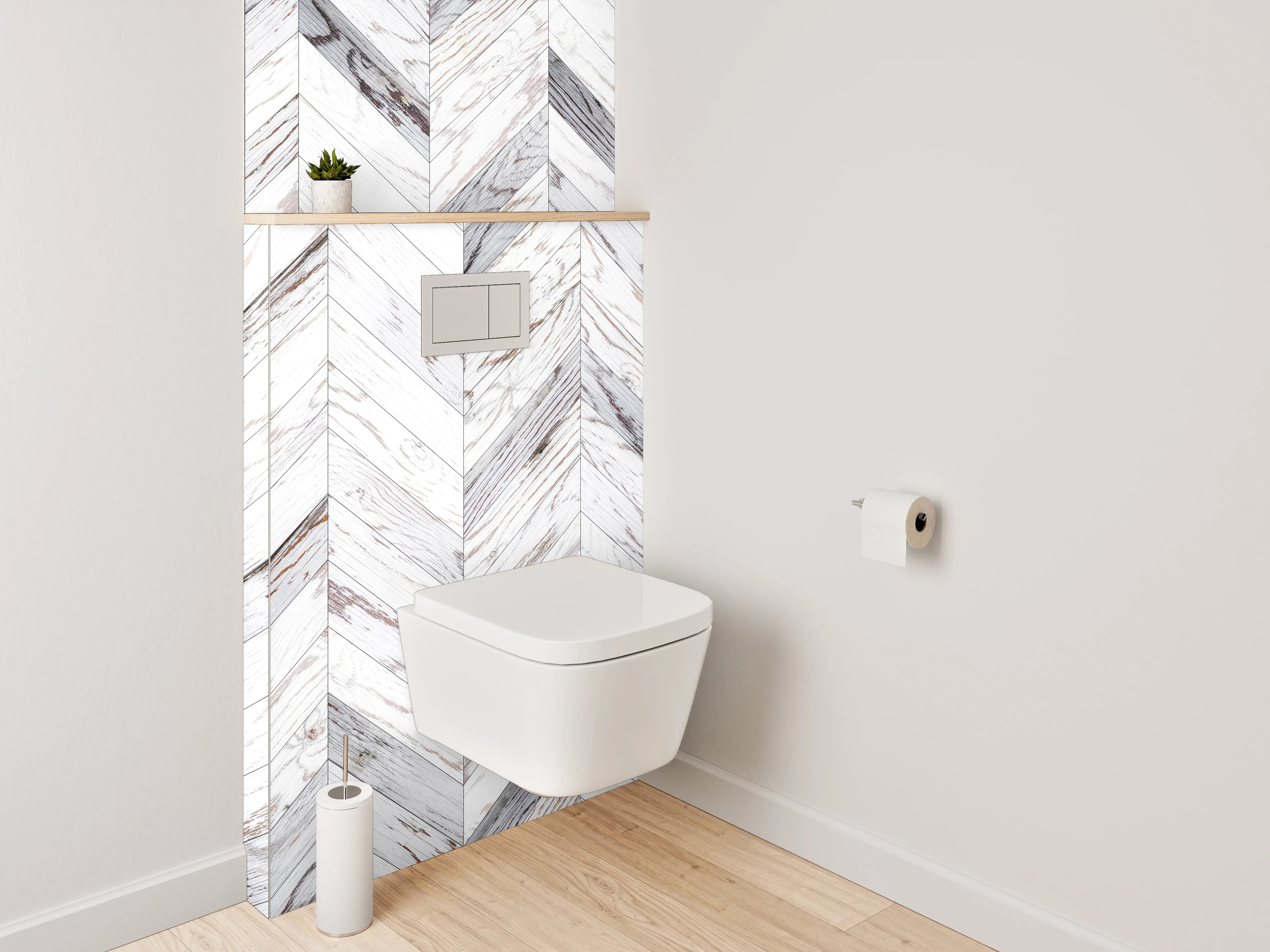 WC-Rückwand - Weiß-graues Chevron-Holz Muster