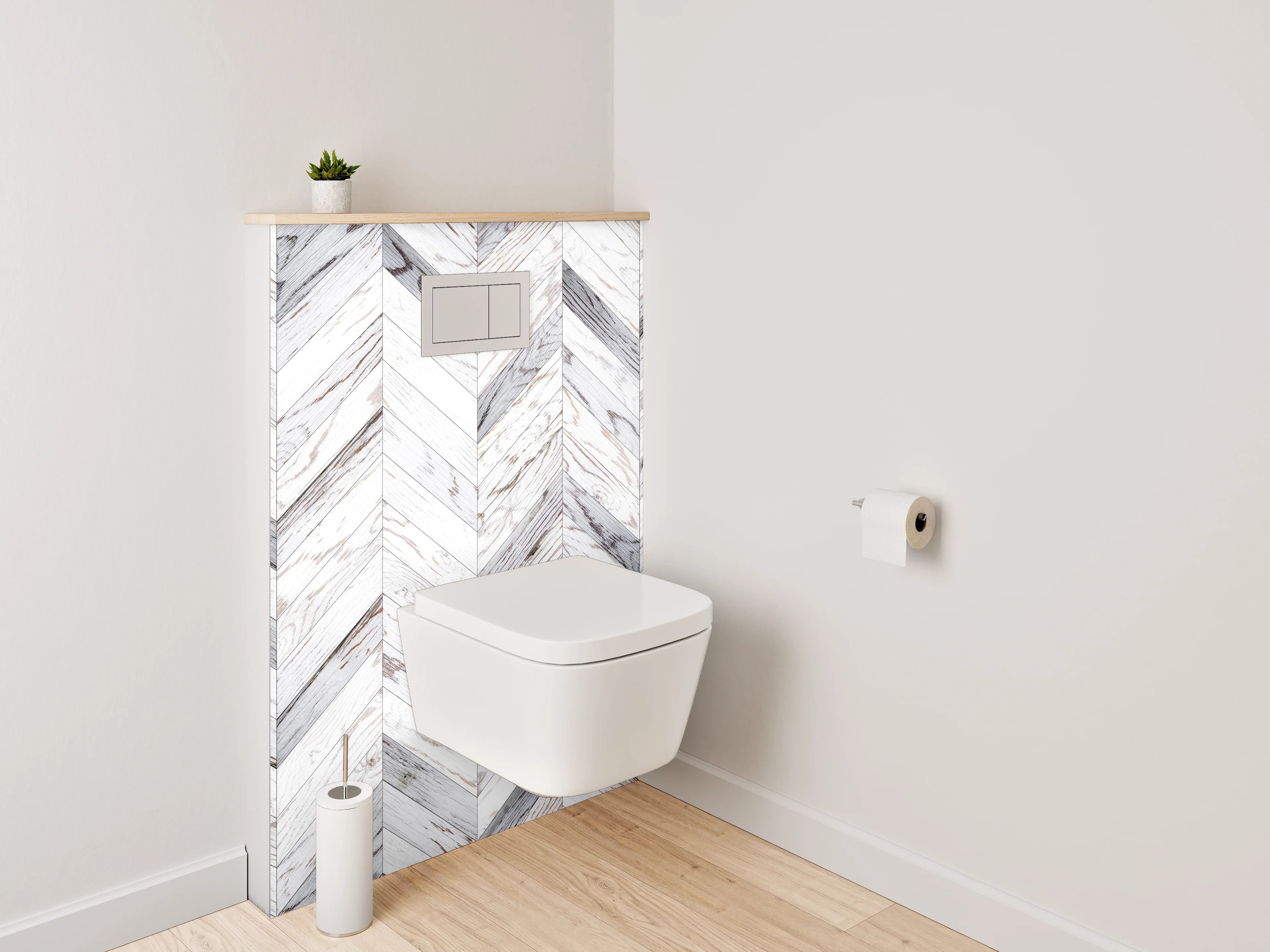 WC-Rückwand - Weiß-graues Chevron-Holz Muster