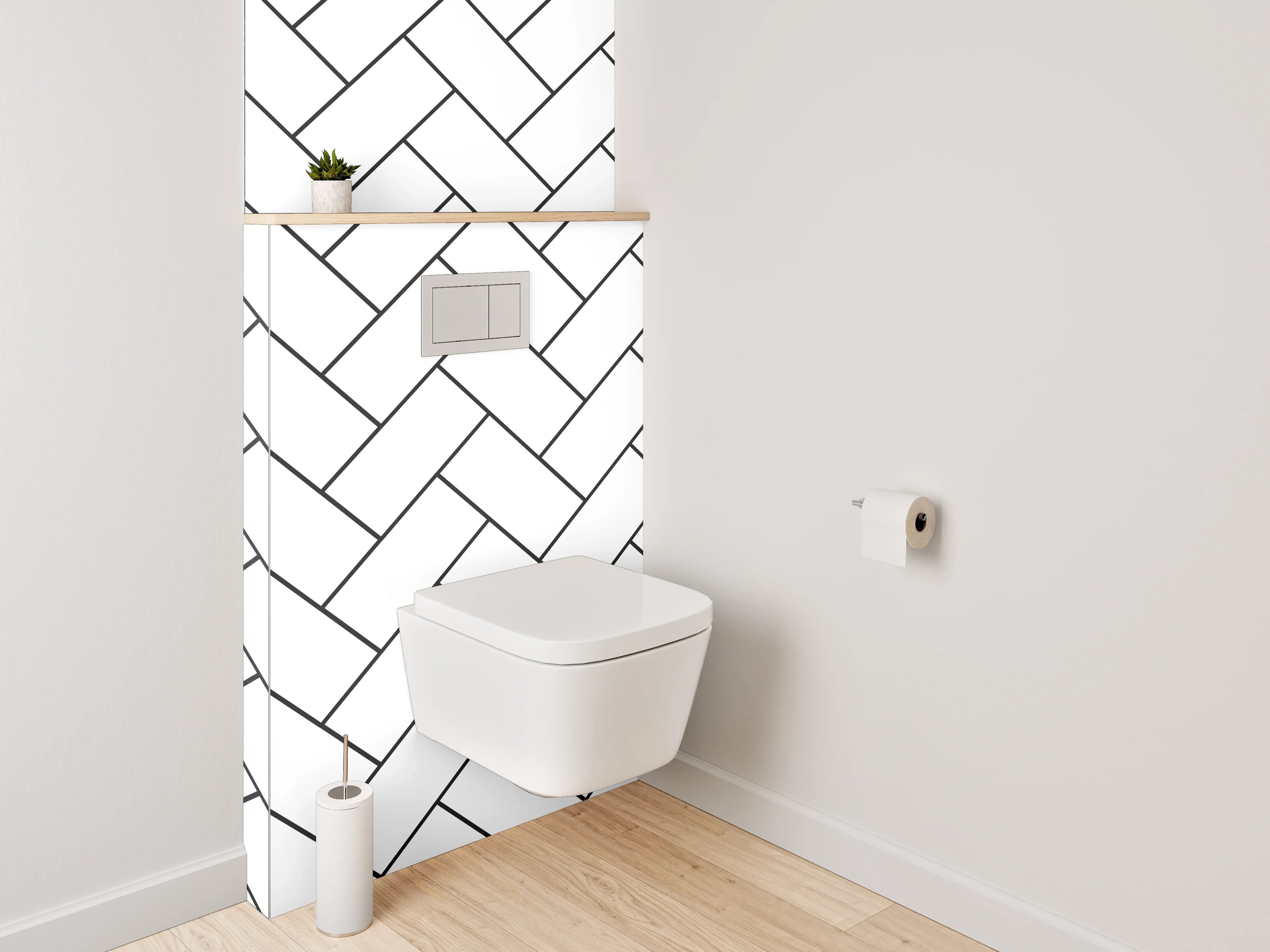 WC-Rückwand - Weiß-graues Fischgrätmuster Fliesen-Optik